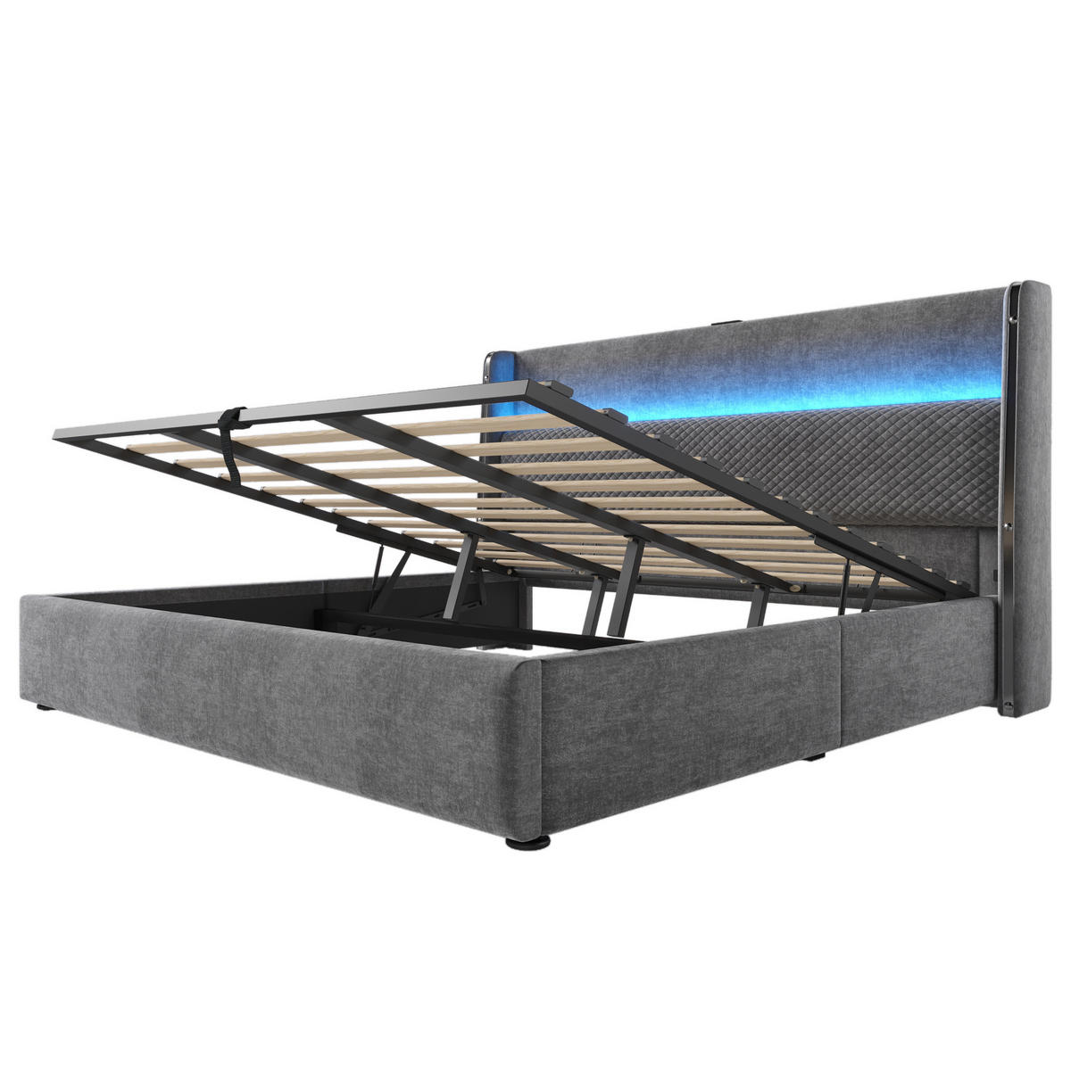 ČALÚNENÁ posteľ z ľanu 180x200 cm sivá s LED osvetlením, USB/Type-C nabíjaním a hydraulickým úložným priestorom - sivá, textil (180/200cm) - Modfu