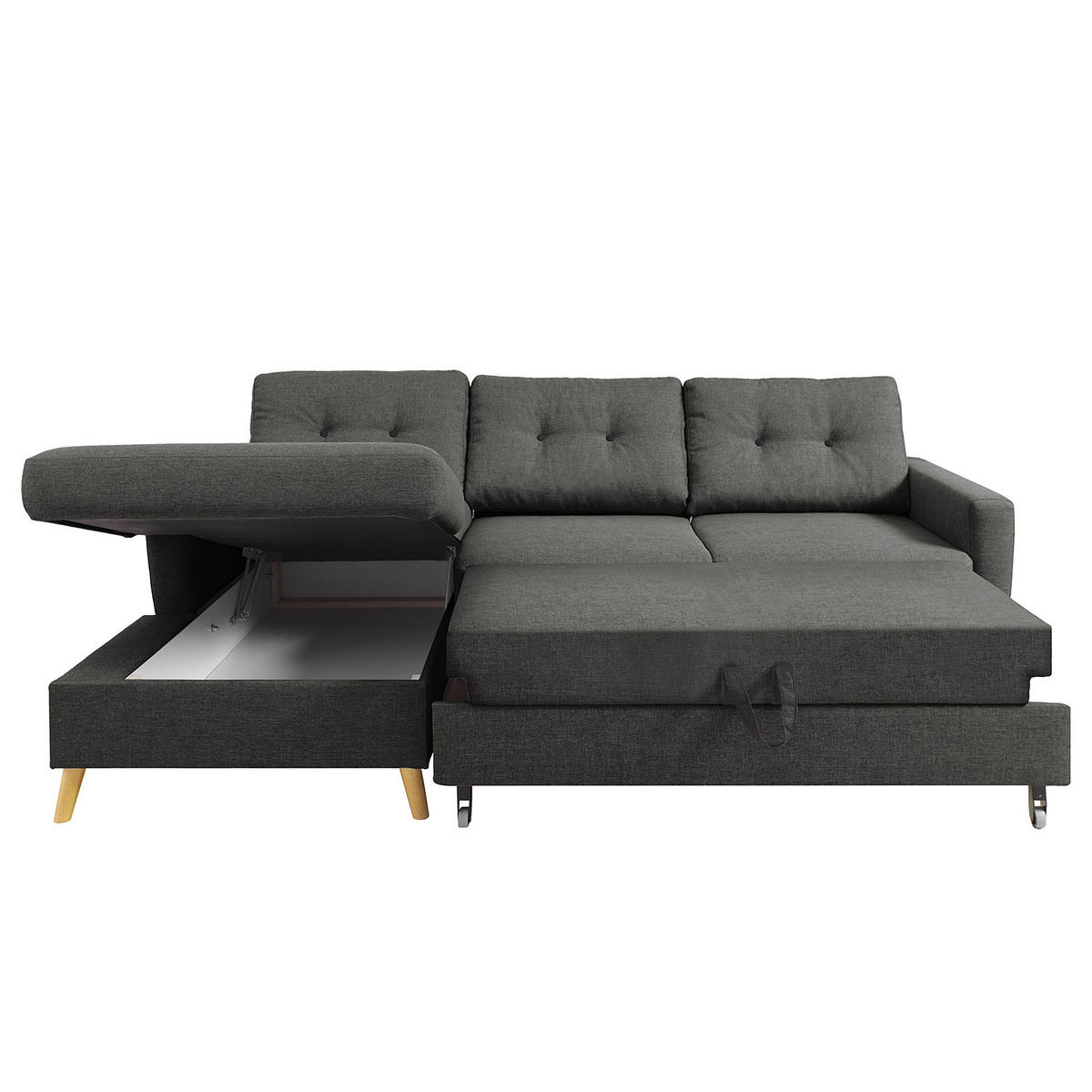 ECKSOFA mit Longchair - Hellbraun/Grau, Holz/Textil (233/148cm) - home24