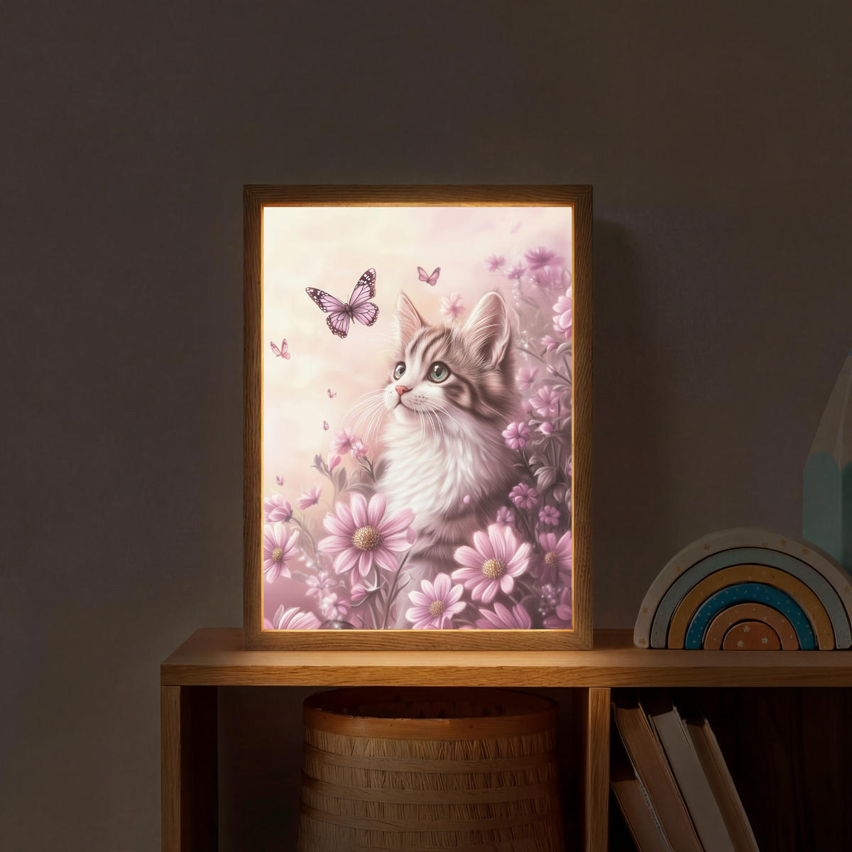 NACHTTISCHLAMPE MIT AKKU Kätzchen - Blumen - Schmetterlinge - Lila 30x40 cm - Altrosa, Holzwerkstoff (8/30/40cm) - OnlyWow