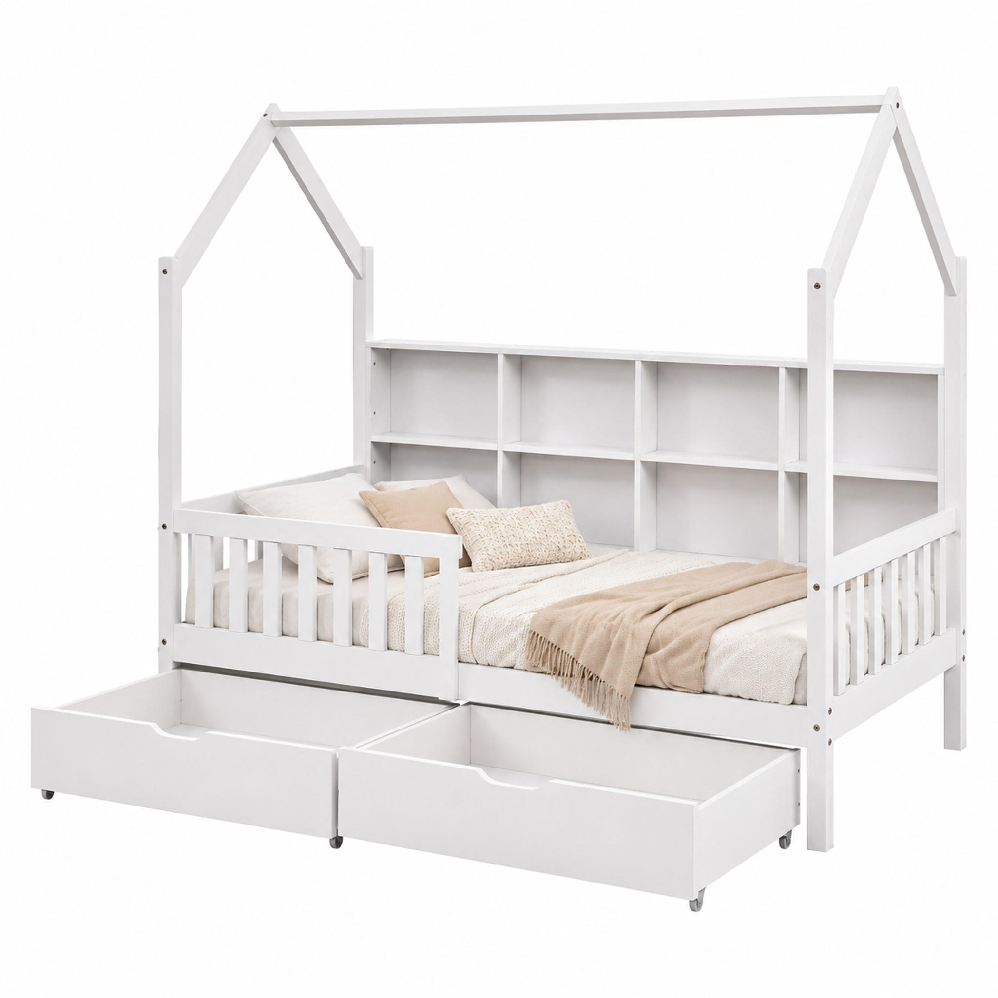 KINDERBETT Hausbett mit Regal und 2 Schubladen 90x200 cm Weiß - Weiß, Holz (90/200cm) - Meubliv