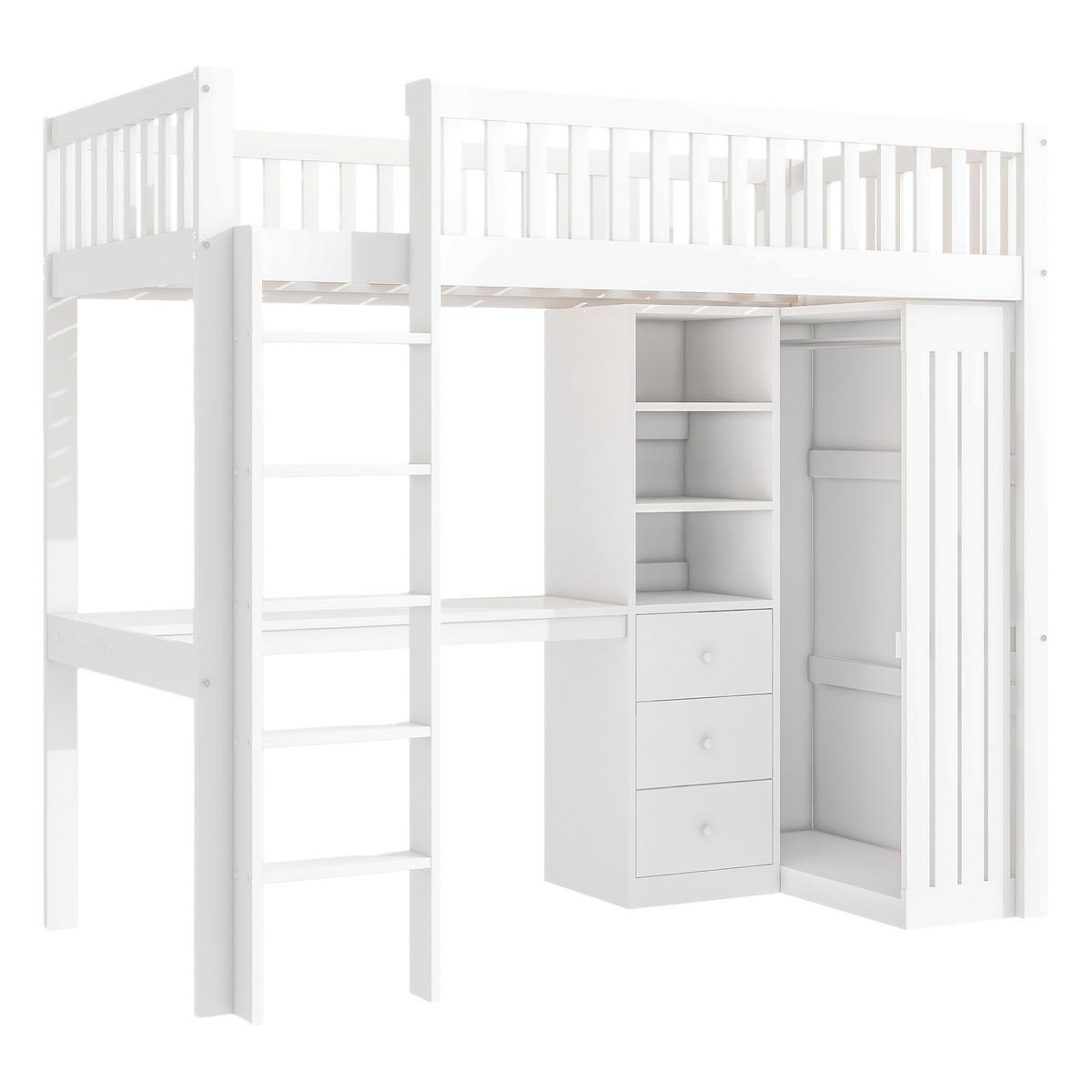 HOCHBETT 90x200cm, mit Schreibtisch und Kleiderschrank 3 Schubladen, Weiß - Weiß, Holz (90/200cm)