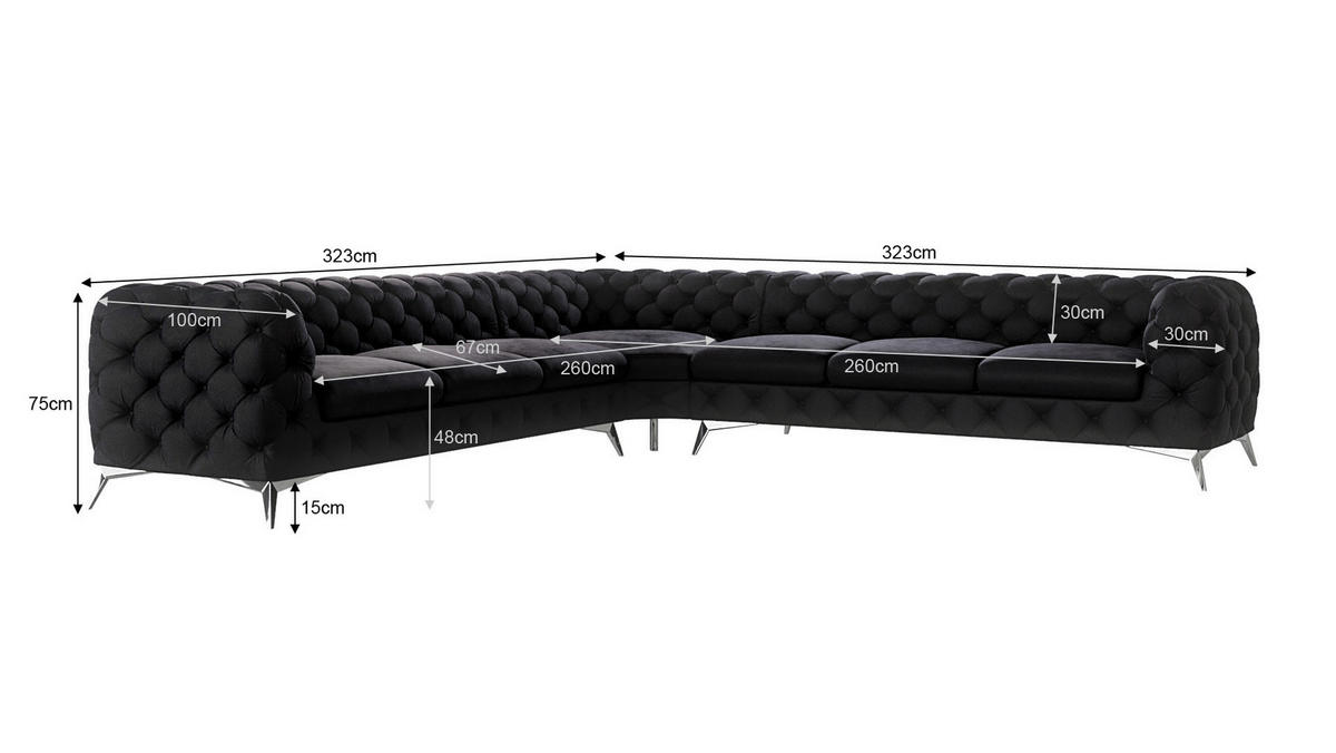 ECKSOFA Chesterfield Laura Schwarz Samt - Silberfarben/Schwarz, Holz/Textil (323/323cm) - S-Style Möbel