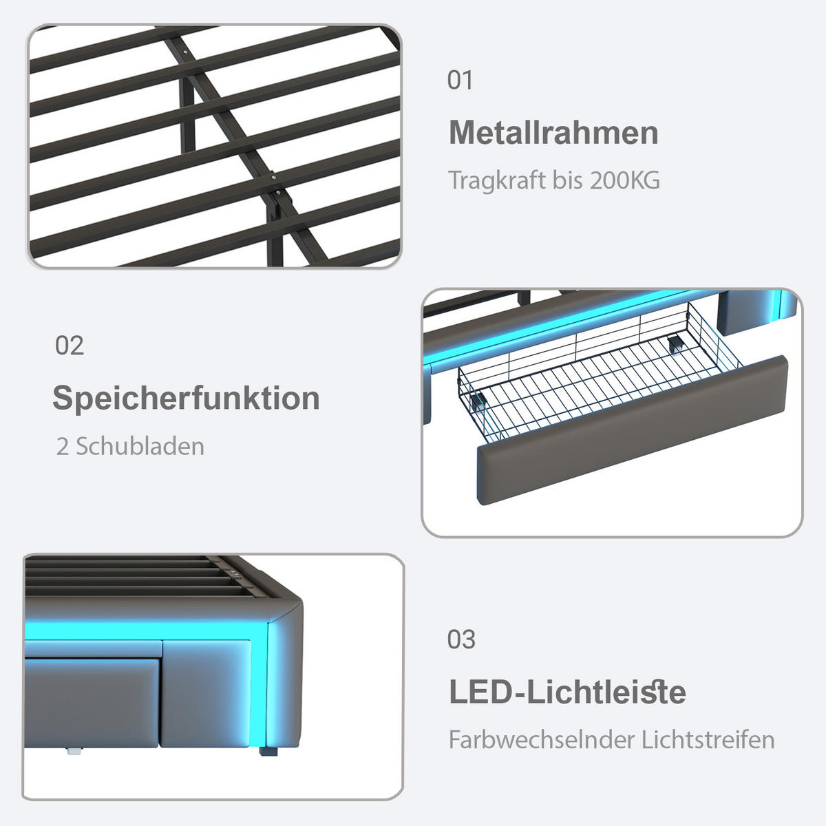 BETT mit Schubladen und LED 90X200 CM - Grau, Holzwerkstoff/Textil - Urban Meuble