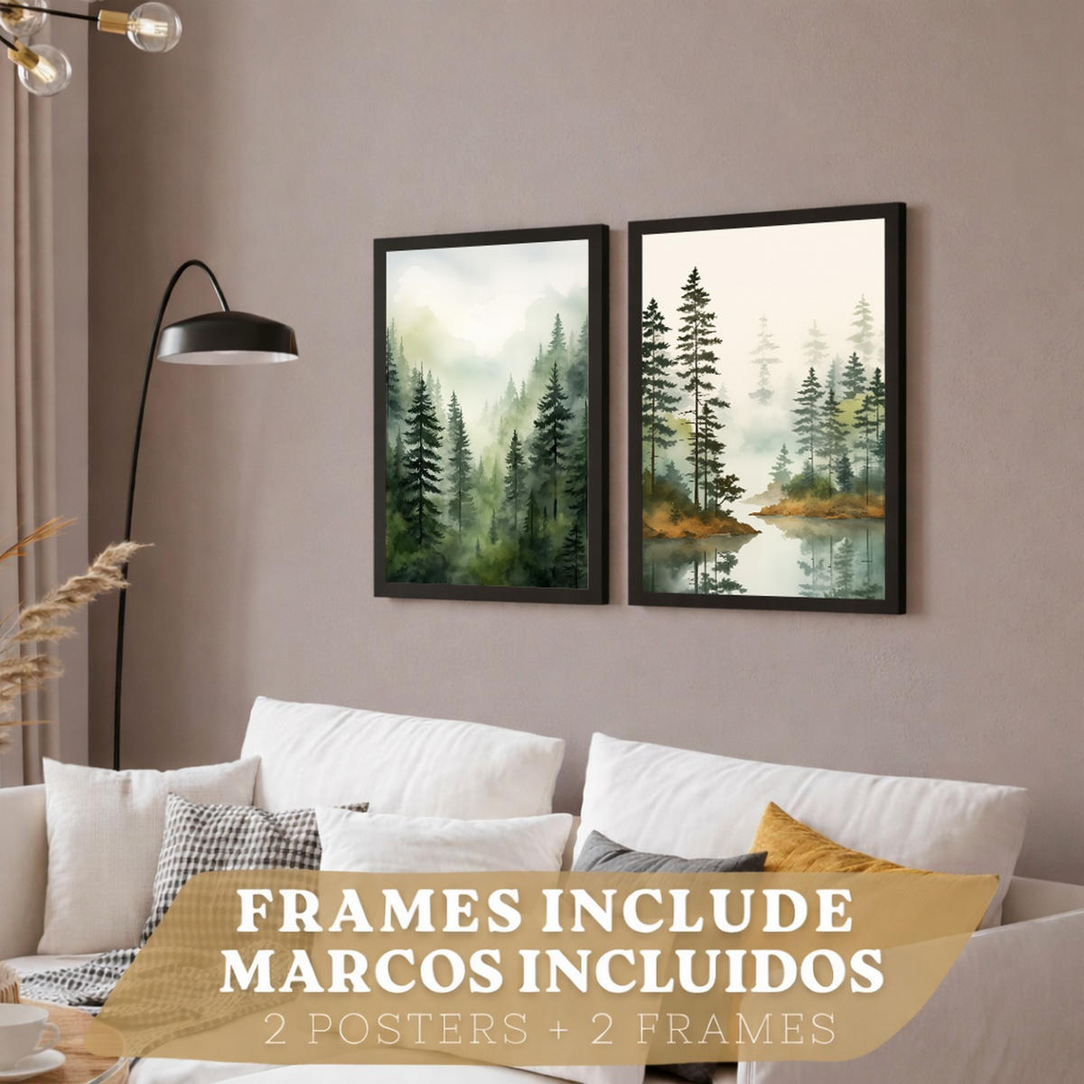 PLAKAT Sada 2 dekorativních tisků Nordic Forest Landscape obývací pokoj Obrázky - Zelené a hnědé dekorativní plakáty Obývací pokoj A4 černý rám - černá, papír (29.7/42/3cm)