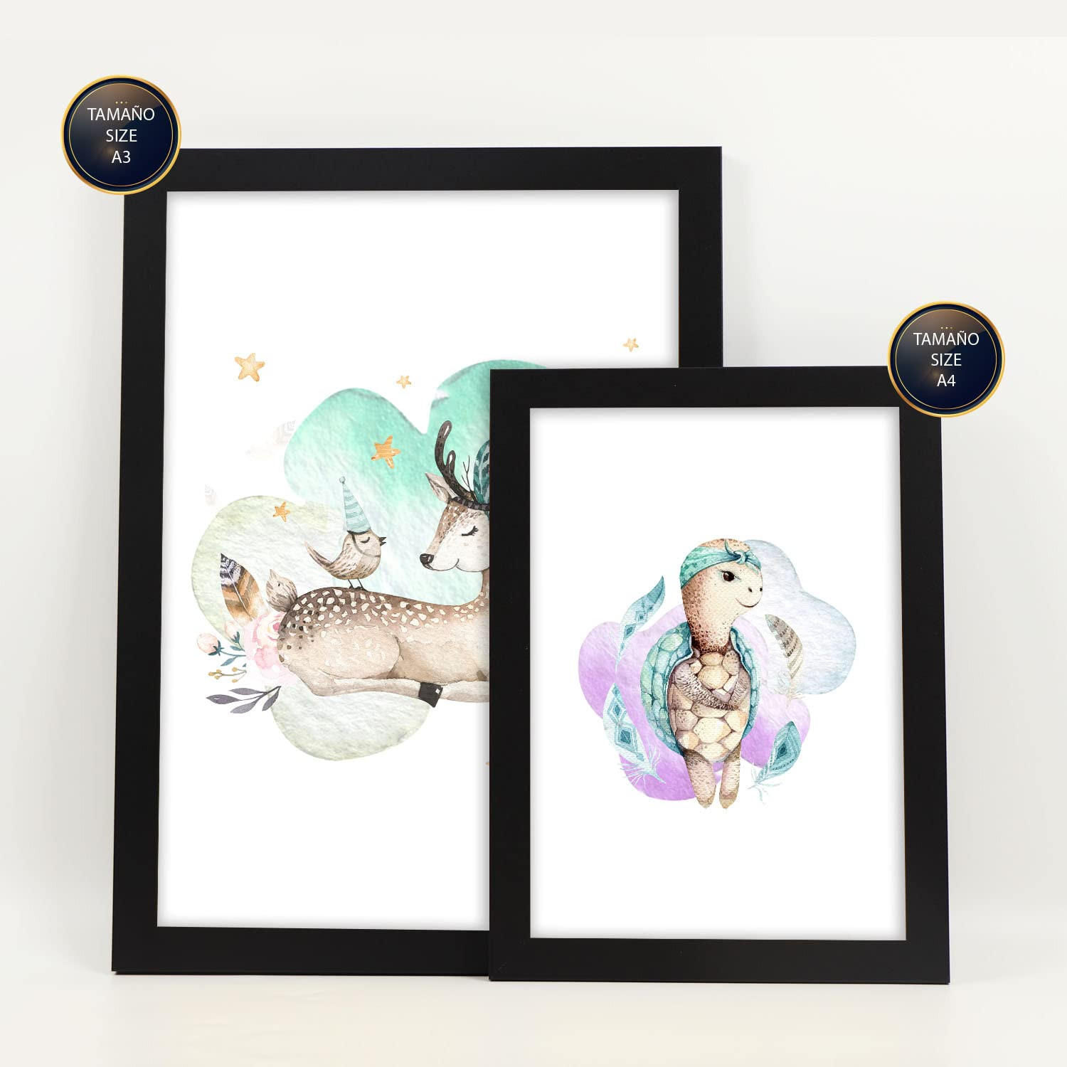 POSTER Set Mit 6 Tierfamilien Weißer Hintergrunddruck Mit Tierfamilienthemen Im Pastell Aquarell Stil Innenarchitektur A3 & A4 Schwarzer Rahmen - Schwarz, Papier (29/3cm) - Nacnic