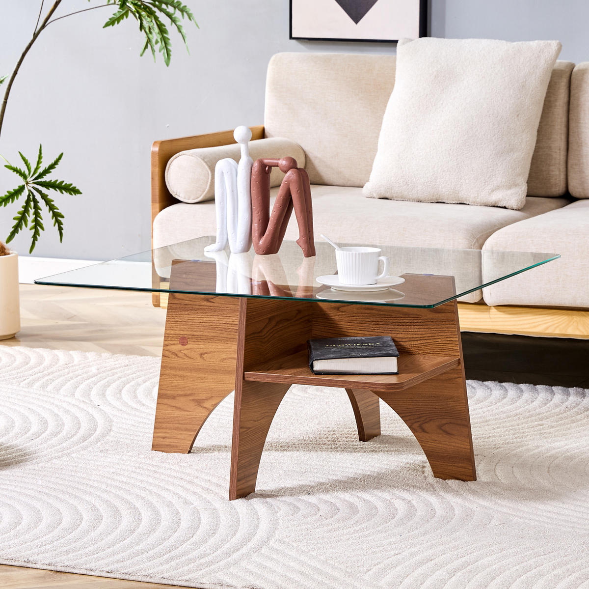 COUCHTISCH 80/80/40 cm Transparent Nussbaum MDF mit Sicherheitsglas und Ablagefach - Walnussfarben, Holzwerkstoff (80/80/40cm) - OKWISH