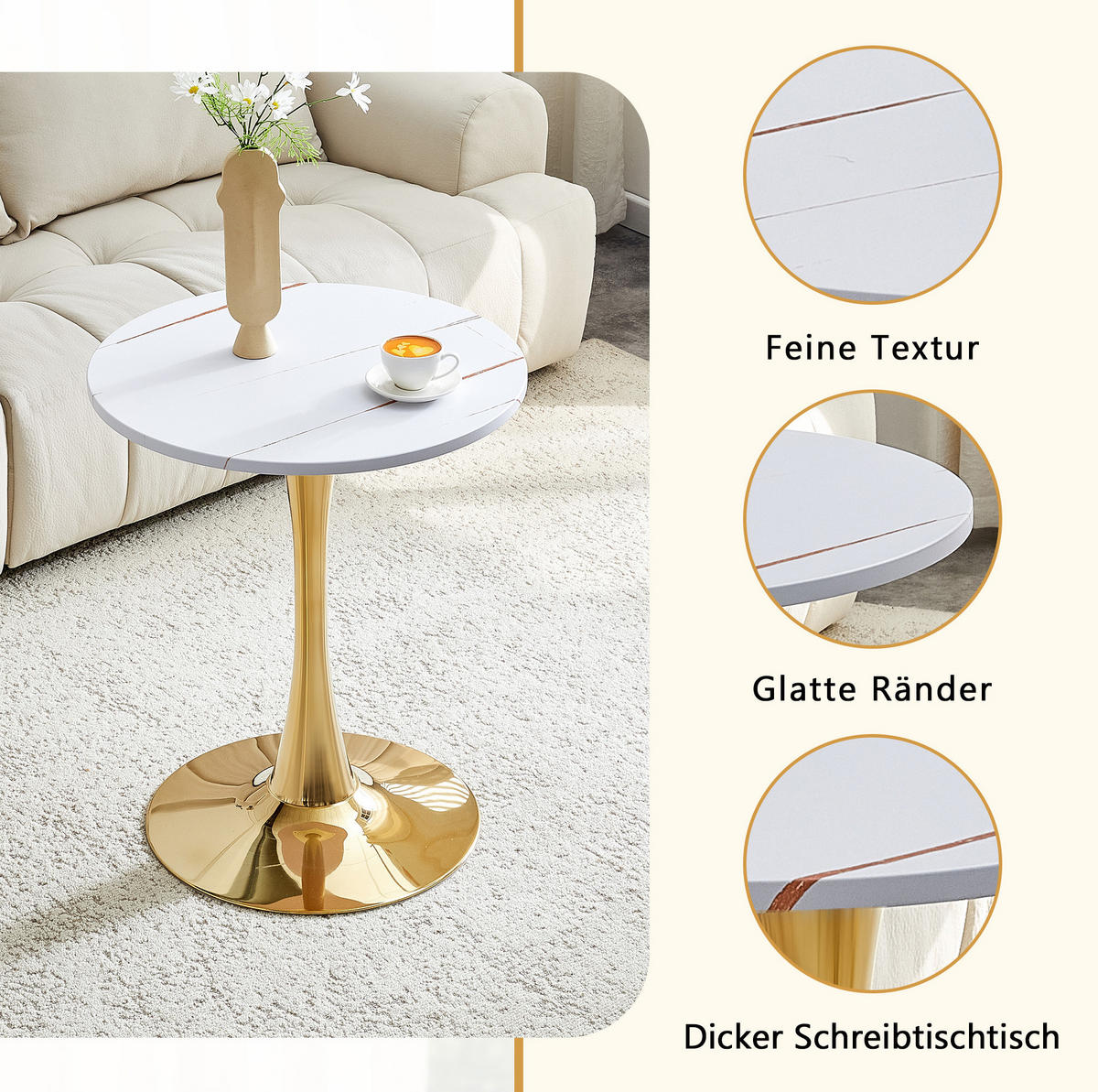 BEISTELLTISCH 60/60/72 cm Weiß Gold runder Tisch aus MDF und Metall mit thermoformierter Platte - Weiß, Holzwerkstoff (60/60/72cm) - OKWISH