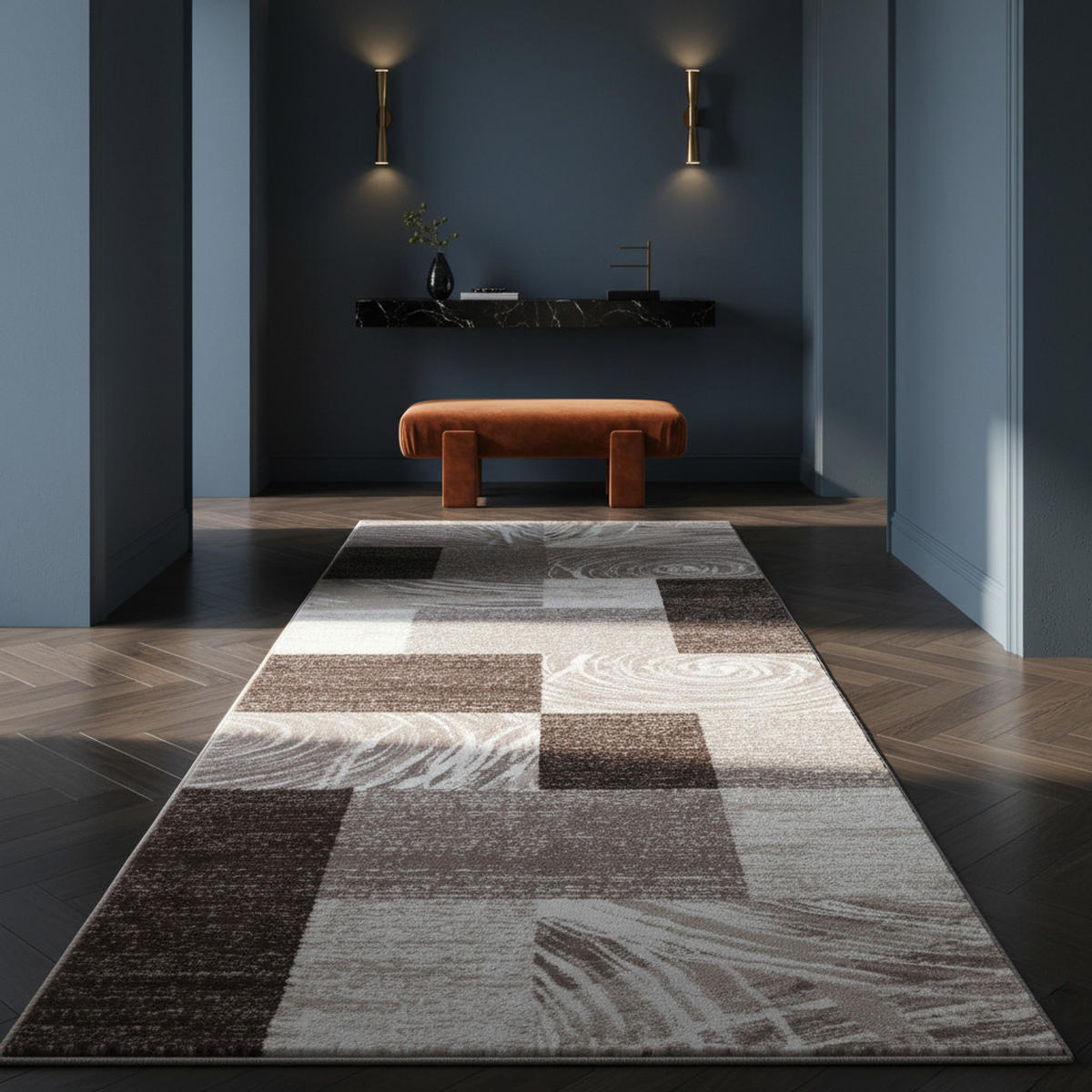 TEPPICH Handwäsche Kurzflor Abstrakte Karos Polypropylen Wohnzimmer Braun Läufer 80x300 - Braun, Textil (80/300cm) - KADIMA DESIGN