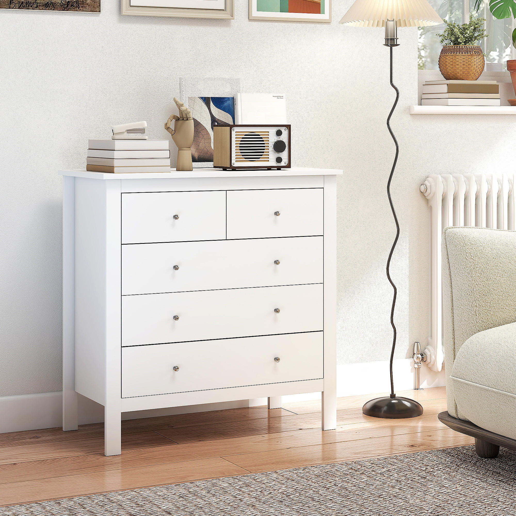 KOMMODE Beistellschrank mit 5 Schubladen Sideboard mit Anti-Kipp-Schutz Weiß - Weiß, Metall (39.5/80.5/79cm) - HOMCOM