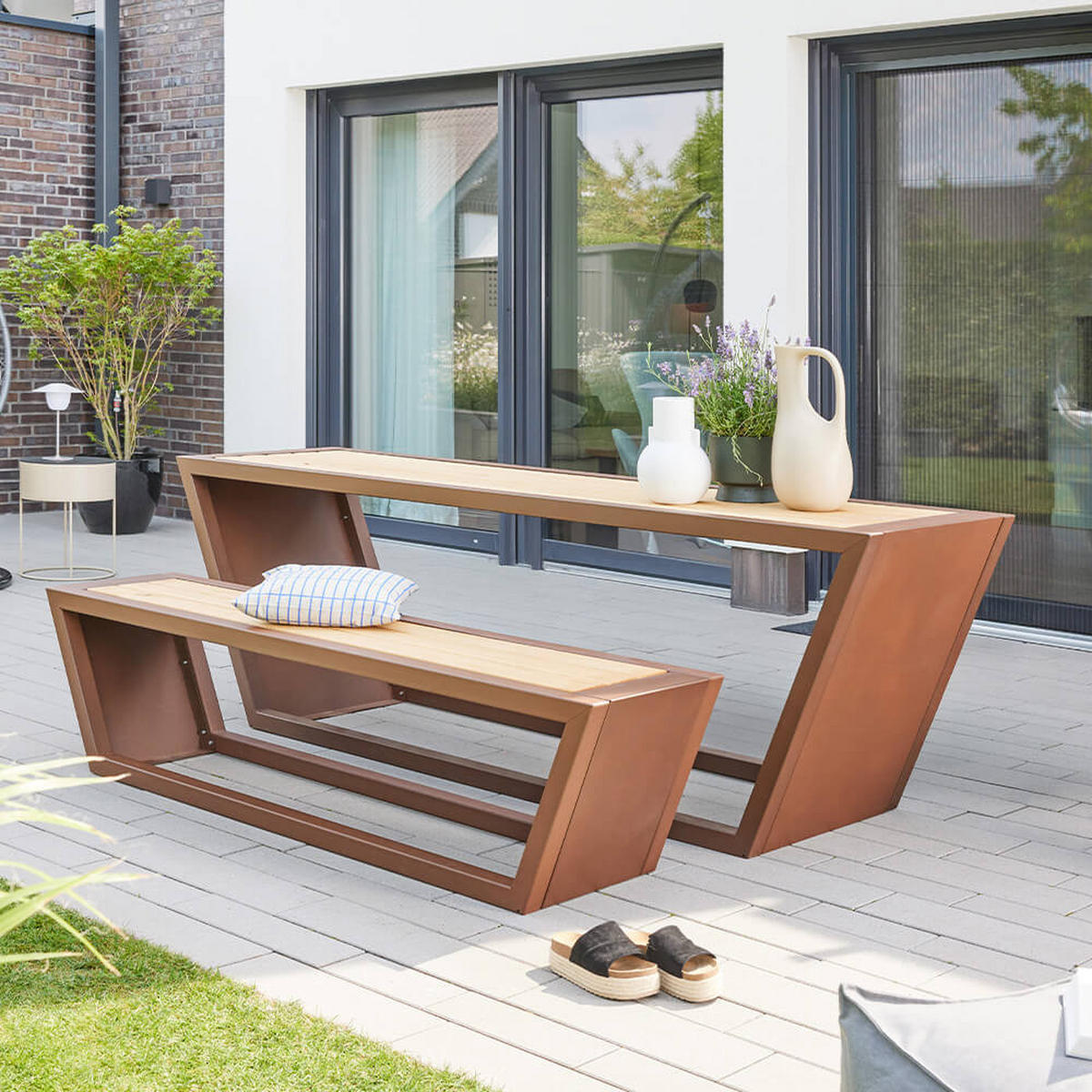 SITZGARNITUR KOBON - Farbe: Braun, Ausführung: 1 x Bank + 1 x Tisch - Anthrazit/Braun, Holz/Metall - Home Deluxe