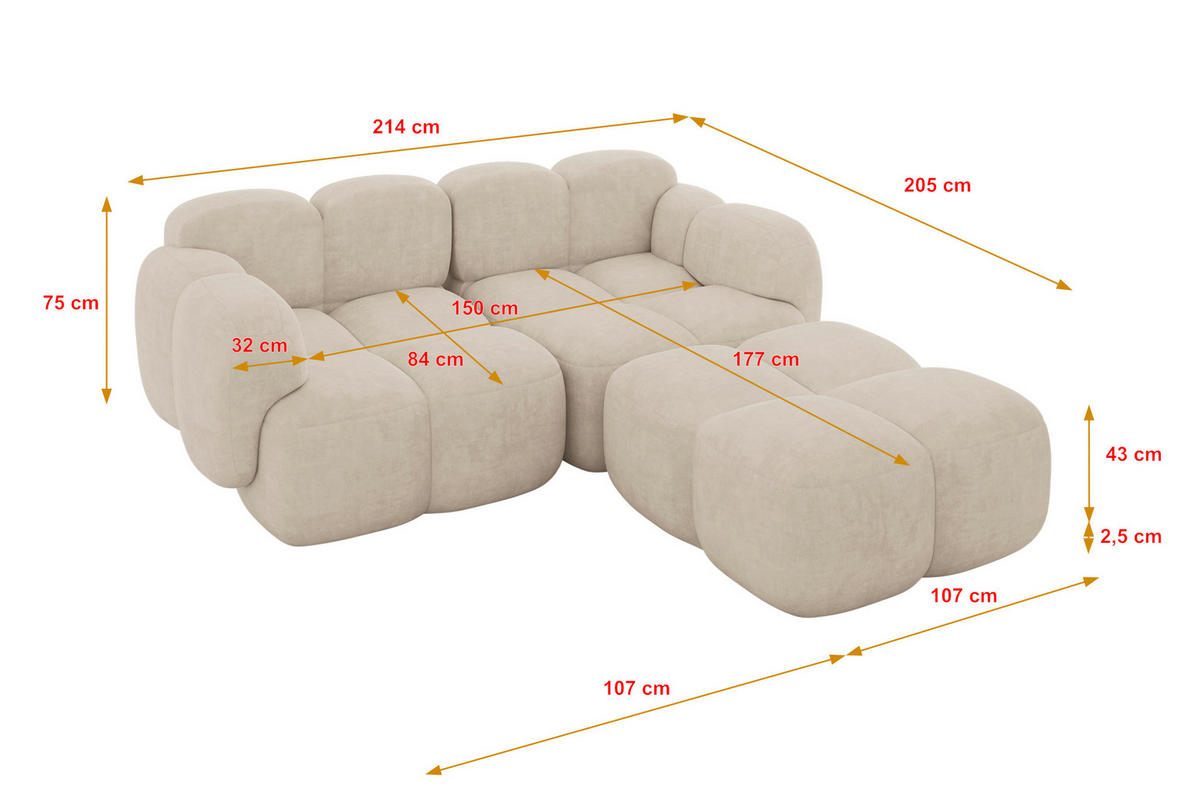 ECKSOFA modulares Sofa Rechts Miko-L1 214x205x75 Beige Velours - Ecru/Schwarz, Holzwerkstoff/Kunststoff (214/205cm) - ALTDECOR