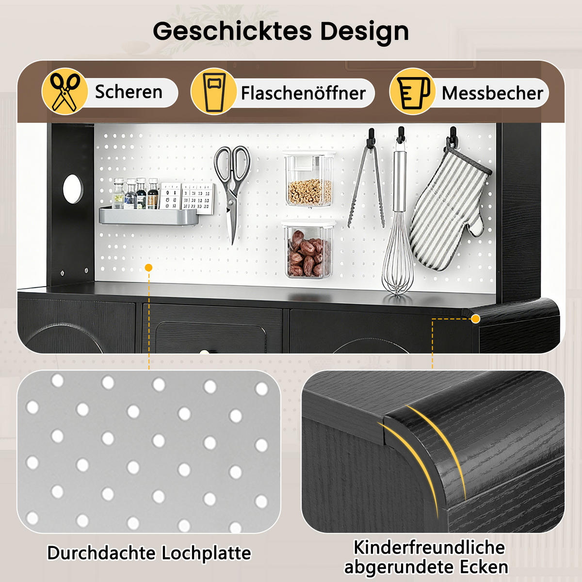 HIGHBOARD in Schwarz Küchenschrank mit Lochbrett und Schubladen für Esszimmer und Küche, B120/T40/H190 cm - Schwarz/Naturfarben, Glas/Holz (120/190/40cm) - STILVORA
