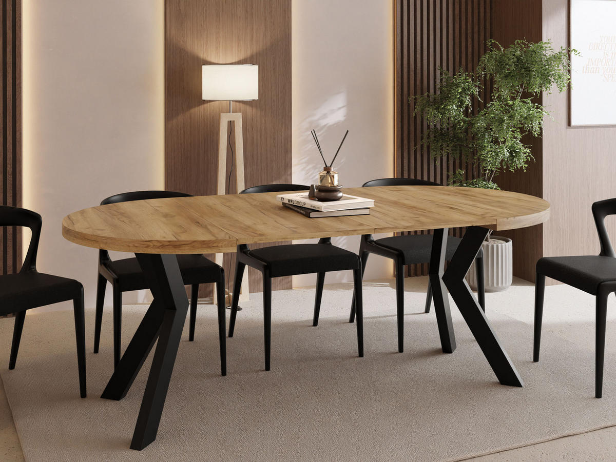 ESSTISCH Savio rund ausziehbar verlängerbar XXL, Eiche Braun 100-300/100/77 cm - Eiche Wotan/Schwarz, Holz/Holzwerkstoff (100/100/77cm) - WFL GROUP