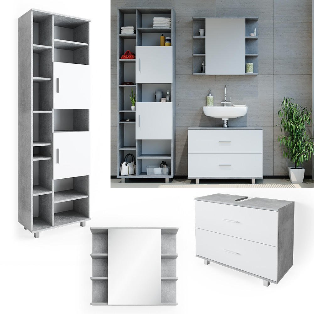 BADMÖBEL-SET Ilias Beton/Weiß 3 Teile, mit Hochschrank - Weiß/Grau, Holzwerkstoff (80.2/60.8/33cm) - Vicco
