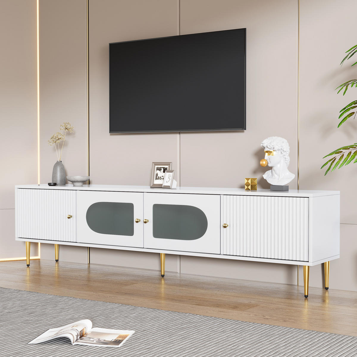 TV ormarić 170/35/50 cm bijeli od iverice sa staklenim vratima i otvorima za kabele - bijela, drvni materijal (140/38/38cm) - OKWISH