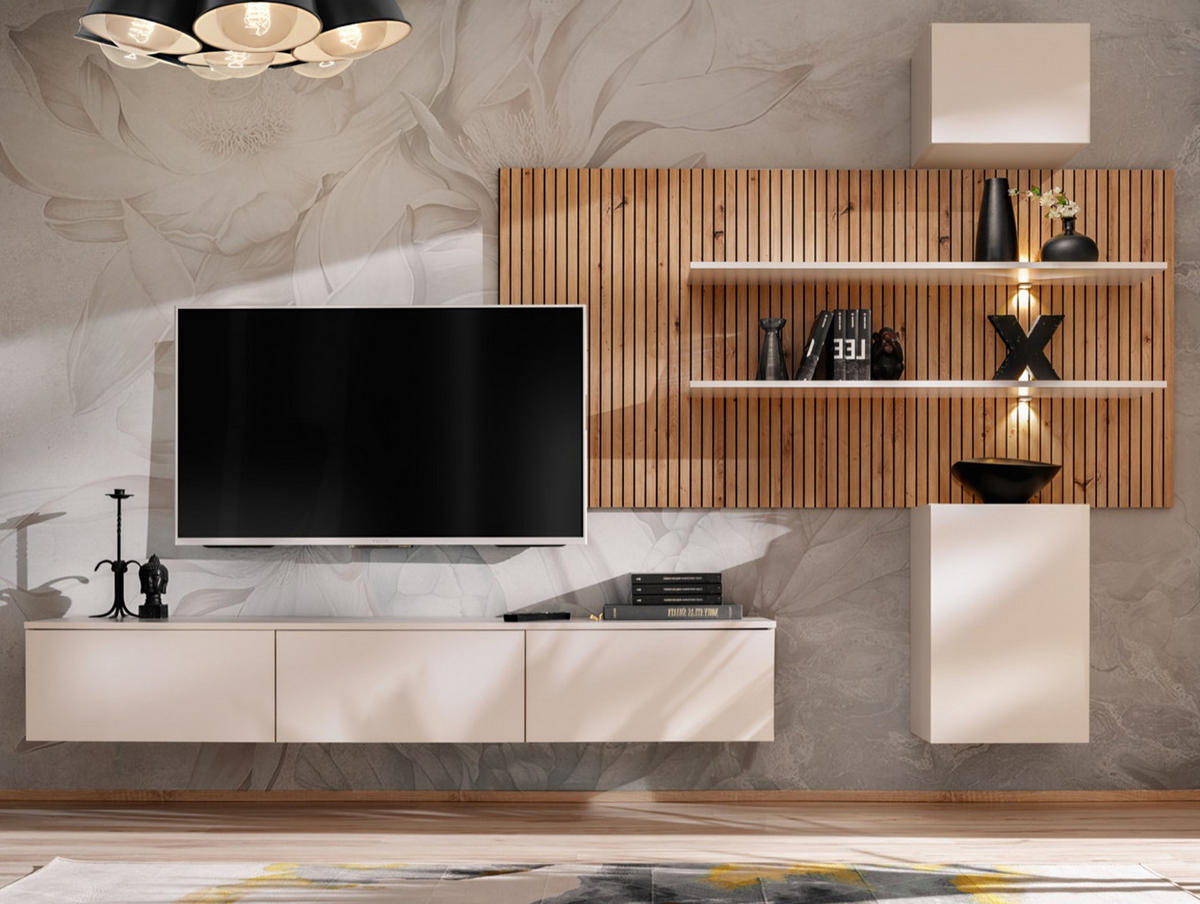 WOHNWAND Sand matt, Eiche Artisan 280 cm, Schrankwand hängend inklusive LED Beleuchtung - Sandfarben/Eiche Artisan, Holzwerkstoff (280/180/45cm) - Furn.Design