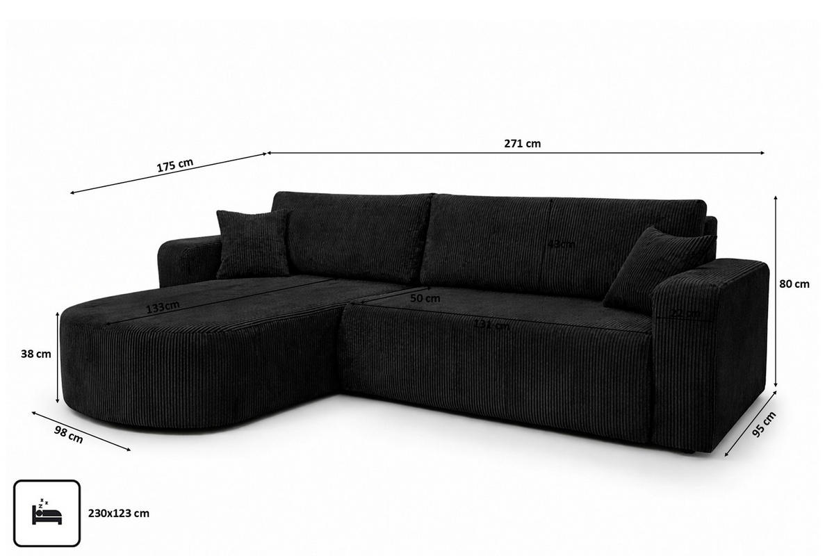 ECKSOFA Mit Schlaffunktion, Cordstoff Poso, Schwarz, Links, ROUND ONE XL - Schwarz, Holz (271/175cm) - Kaiser Möbel