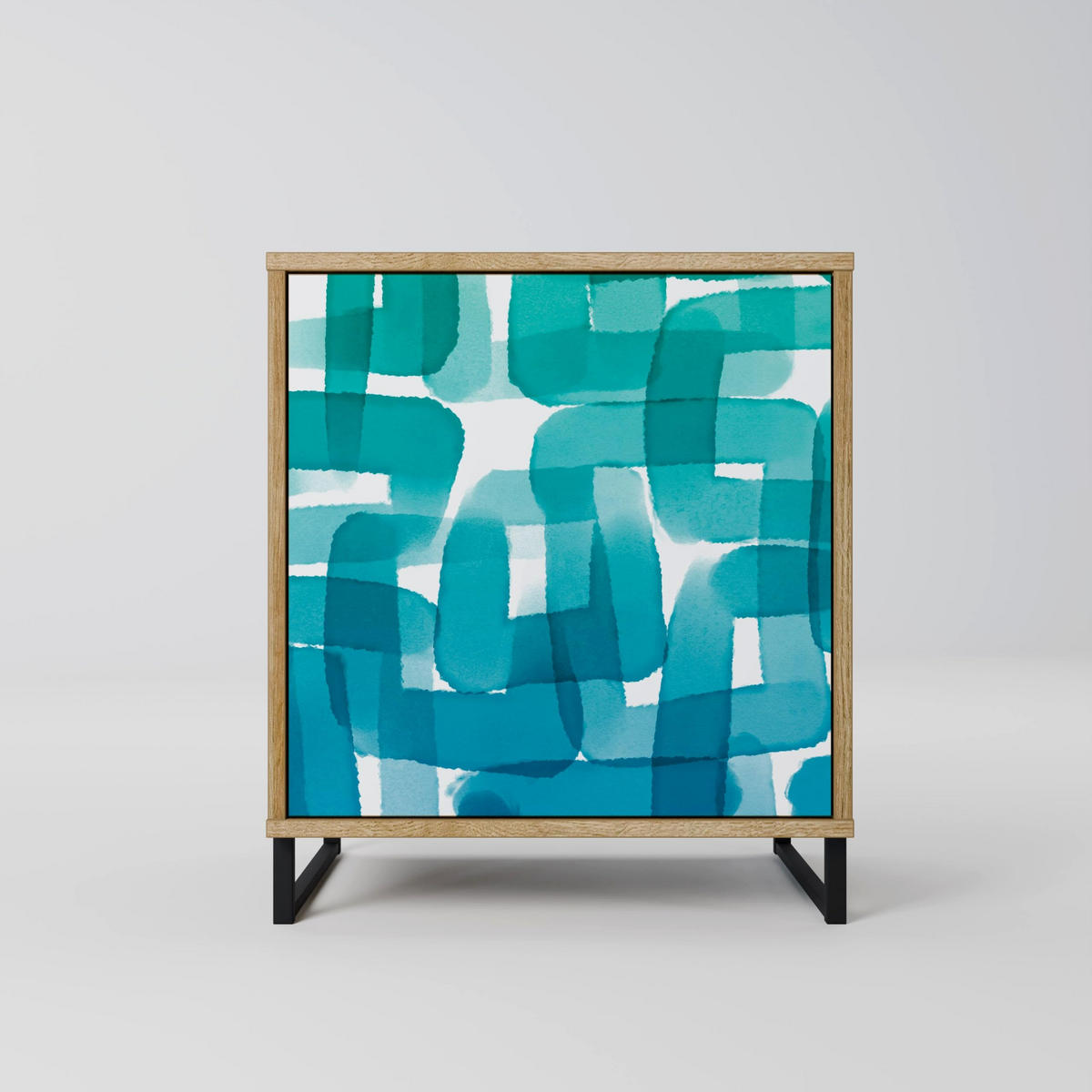 SIDEBOARD TURQUOISE RECTANGLES, Eichefarben, 57,5x42x72,5 cm, Schwarze Metallfüße - Eichefarben/Multicolor, Holzwerkstoff/Metall (57.5/72.5/42cm) - SpaceRebels