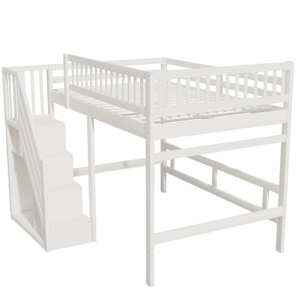 BETT mit Stauraumtreppe 140x200 cm Massivholz Weiß - Weiß, Holzwerkstoff (140/200cm) - Beauniv