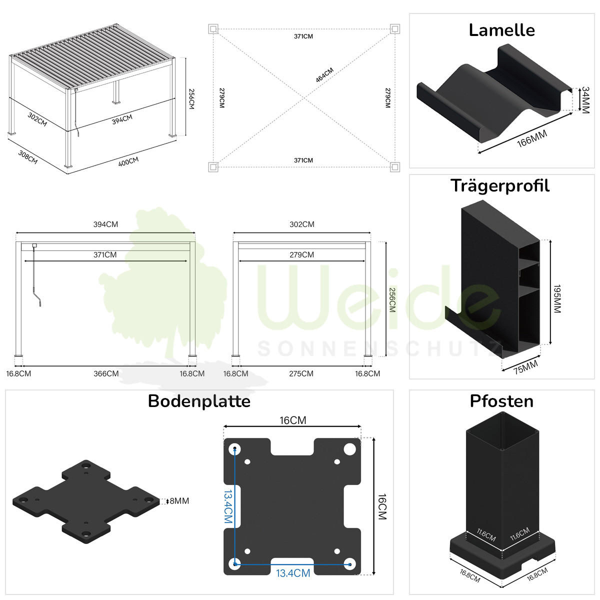 PERGOLA Classic Pavillon Terrassenüberdachung Aluminium 3 x 4 M weiß - Weiß, Metall (300/255/400cm) - WEIDE