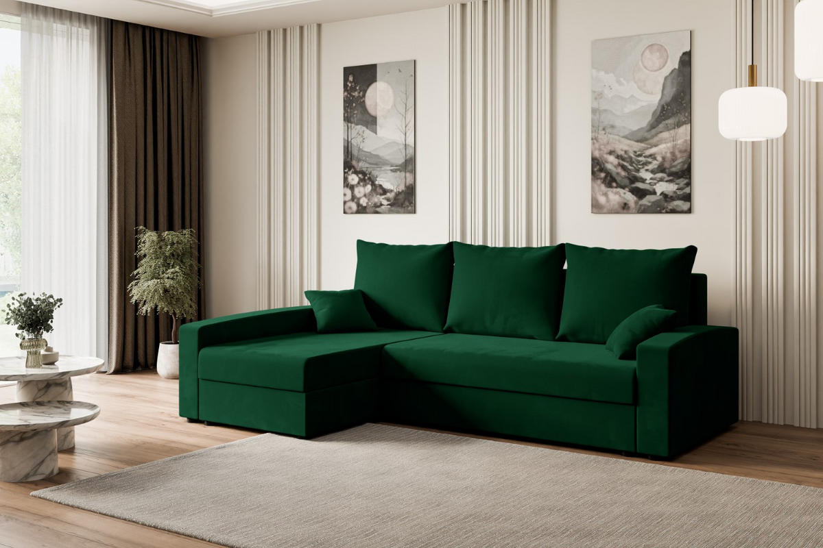 ECKSOFA mit Schlaffunktion und Bettkasten ALESIA-L 231x140x90 cm Grün Velours - Silberfarben/Grün, Holzwerkstoff/Kunststoff (231/140cm) - ALTDECOR