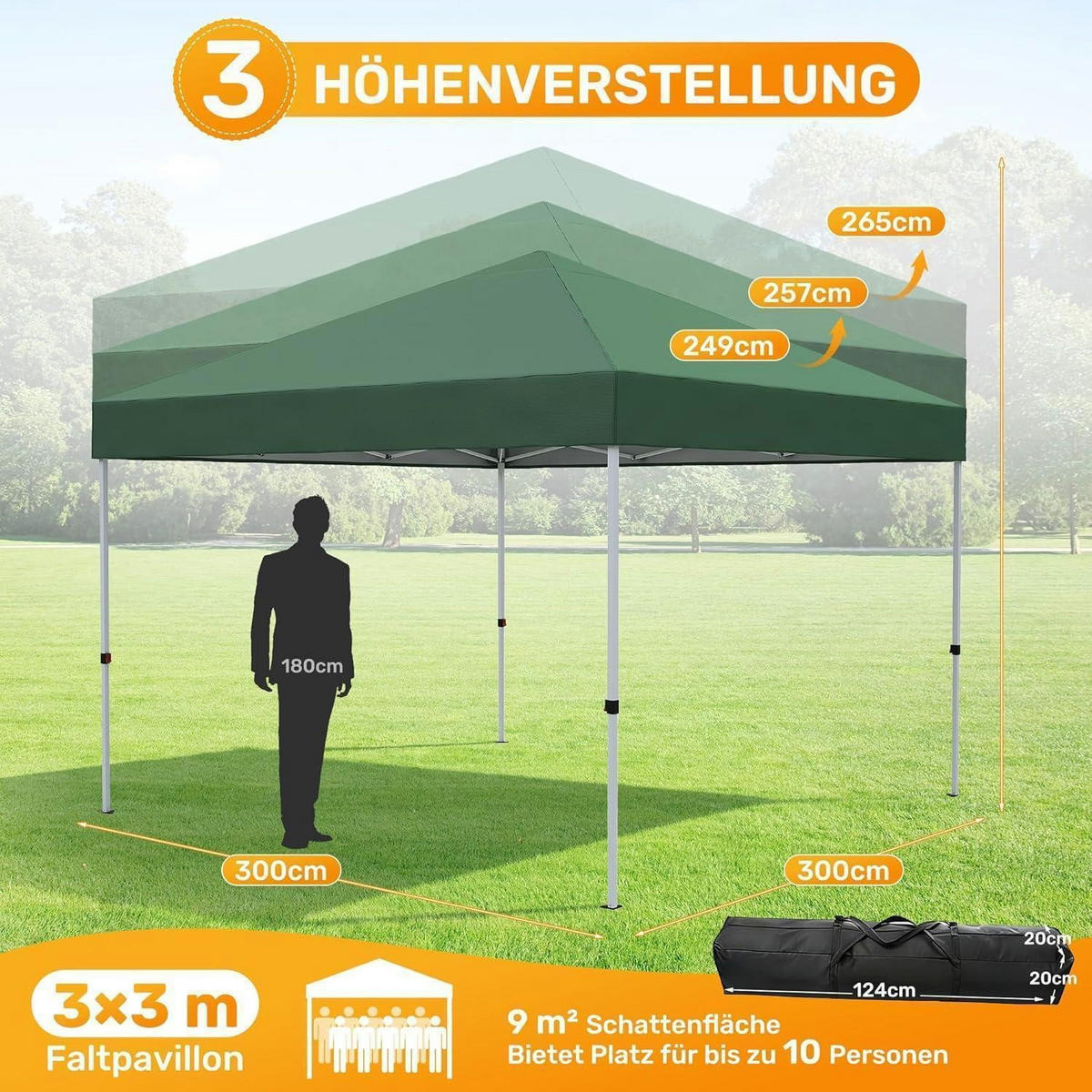 GARTENPAVILLON 3 x 3 m Grün Wasserdicht UV-Schutz 50+ Höhenverstellbar - Grün, Textil (300/265/300cm)