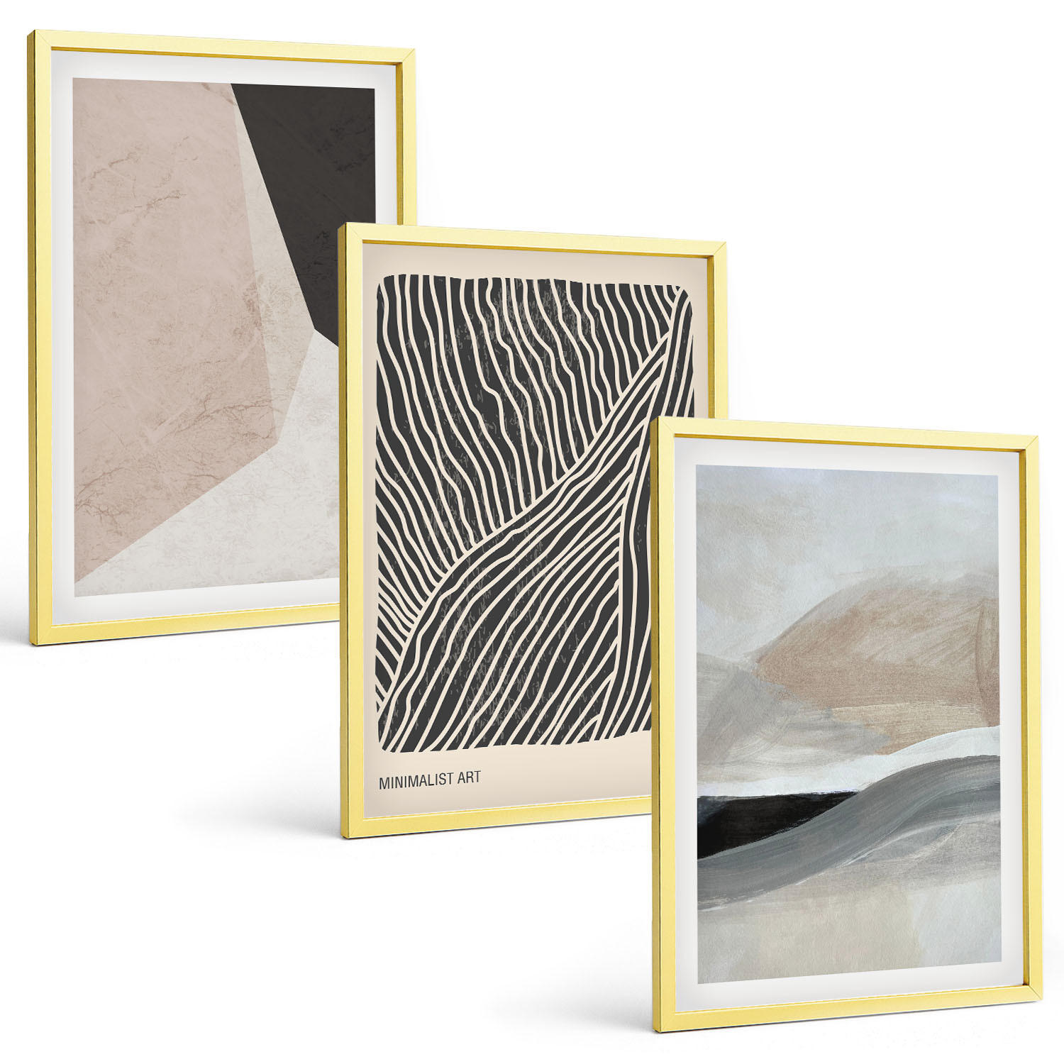 BILDER SET 3er Set - 40x60 cm Goldrahmen - Abstrakte Muster in Beige und Grau - Goldfarben, Kunststoff (40/60cm) - TULUP