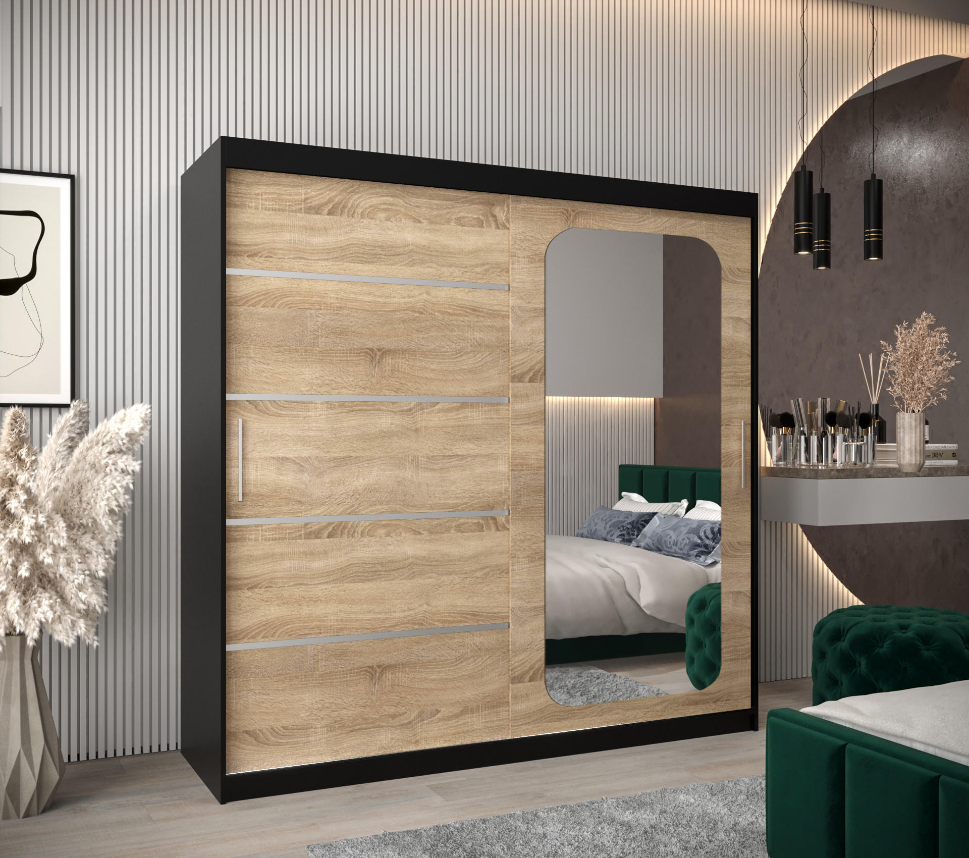 SCHWEBETÜRENSCHRANK 200/200/62 2-türig - Silberfarben/Schwarz, Holz/Kunststoff (200/200/62cm) - Abiks Möbel