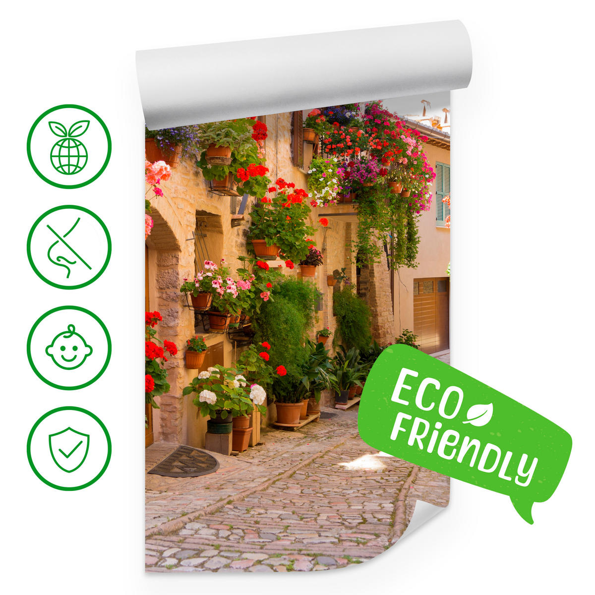 FOTOTAPETE für Wohnzimmer Italienische Steinstraße Blumen Pflanzen 150x105 - Beige/Rot, Papier (150/105cm) - Muralo