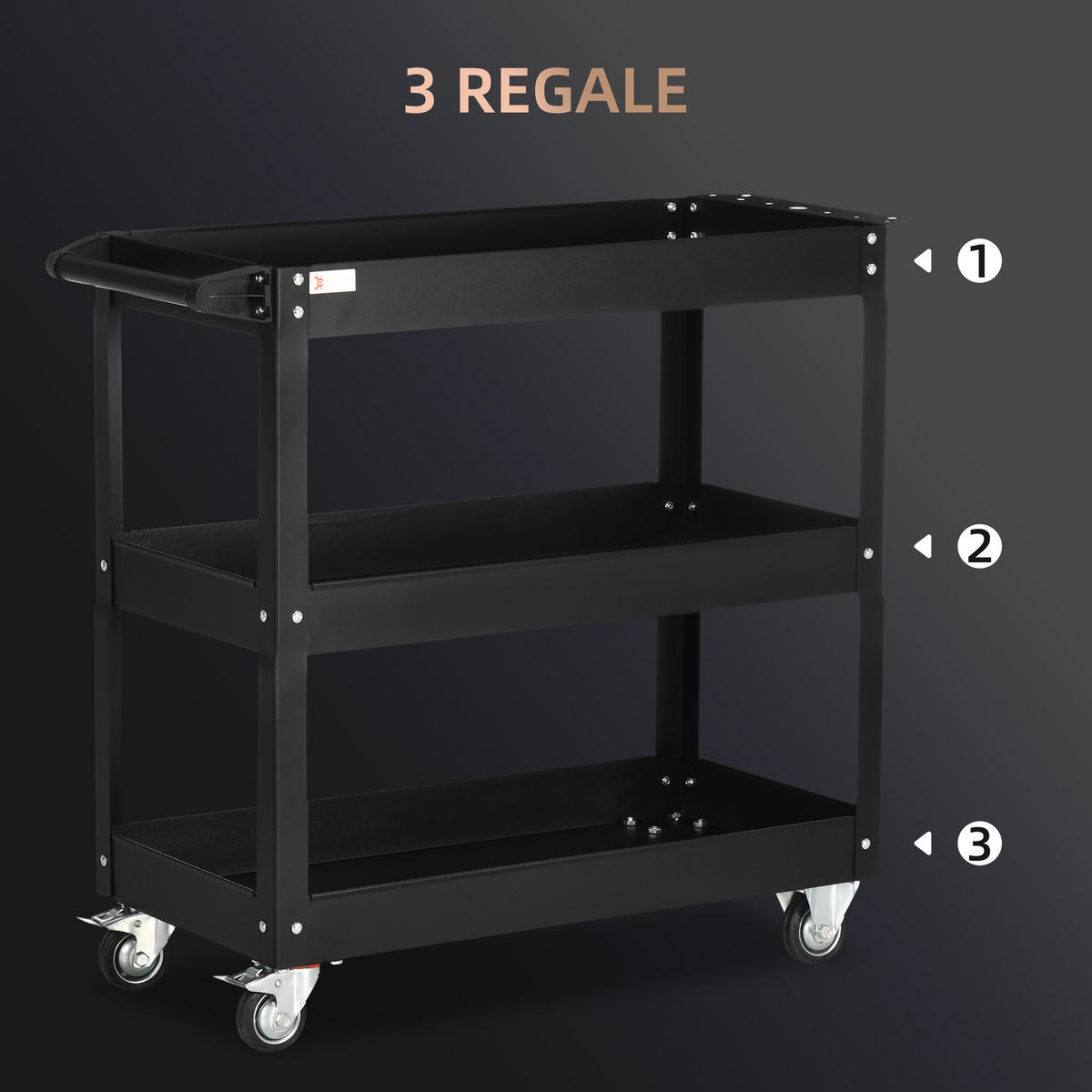 WERKZEUGWAGEN DE-09495 3-stufig mit 4 Rollen Schwarz - Schwarz, Metall (35.3/76/83cm) - ComfortXL