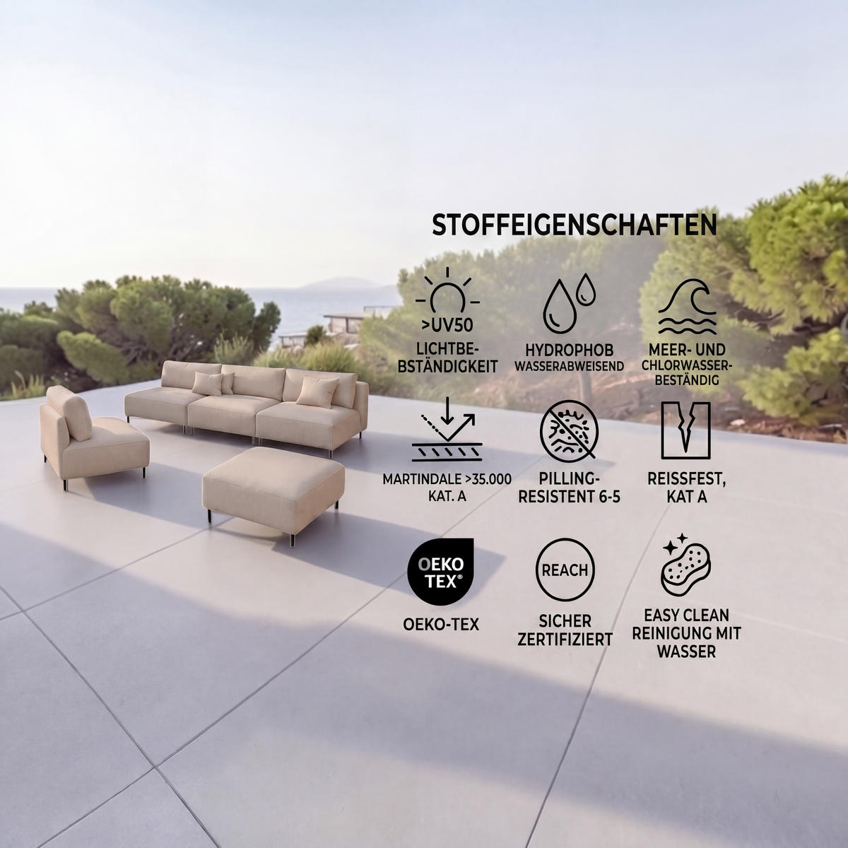 GARTEN Lounge Set SUN – Outdoor Möbel Set mit Sofa, Sessel und Hocker, UV-beständig und wasserabweisend - Creme, Textil - A&J MöbelLand