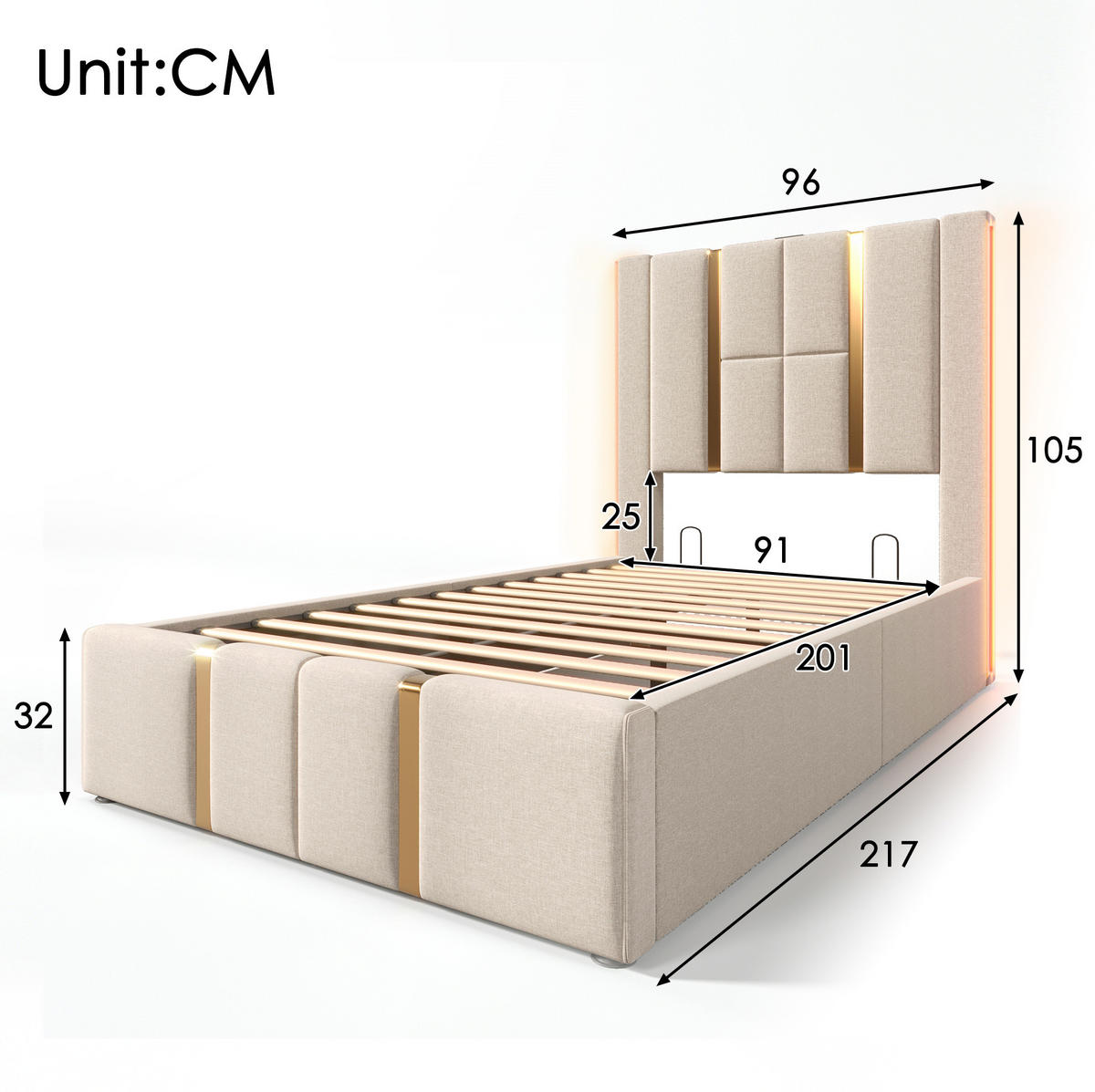 BETT mit Stauraum 90x200 cm Leinen Beige mit LED - Beige, Metall (90/200cm) - Meubliv