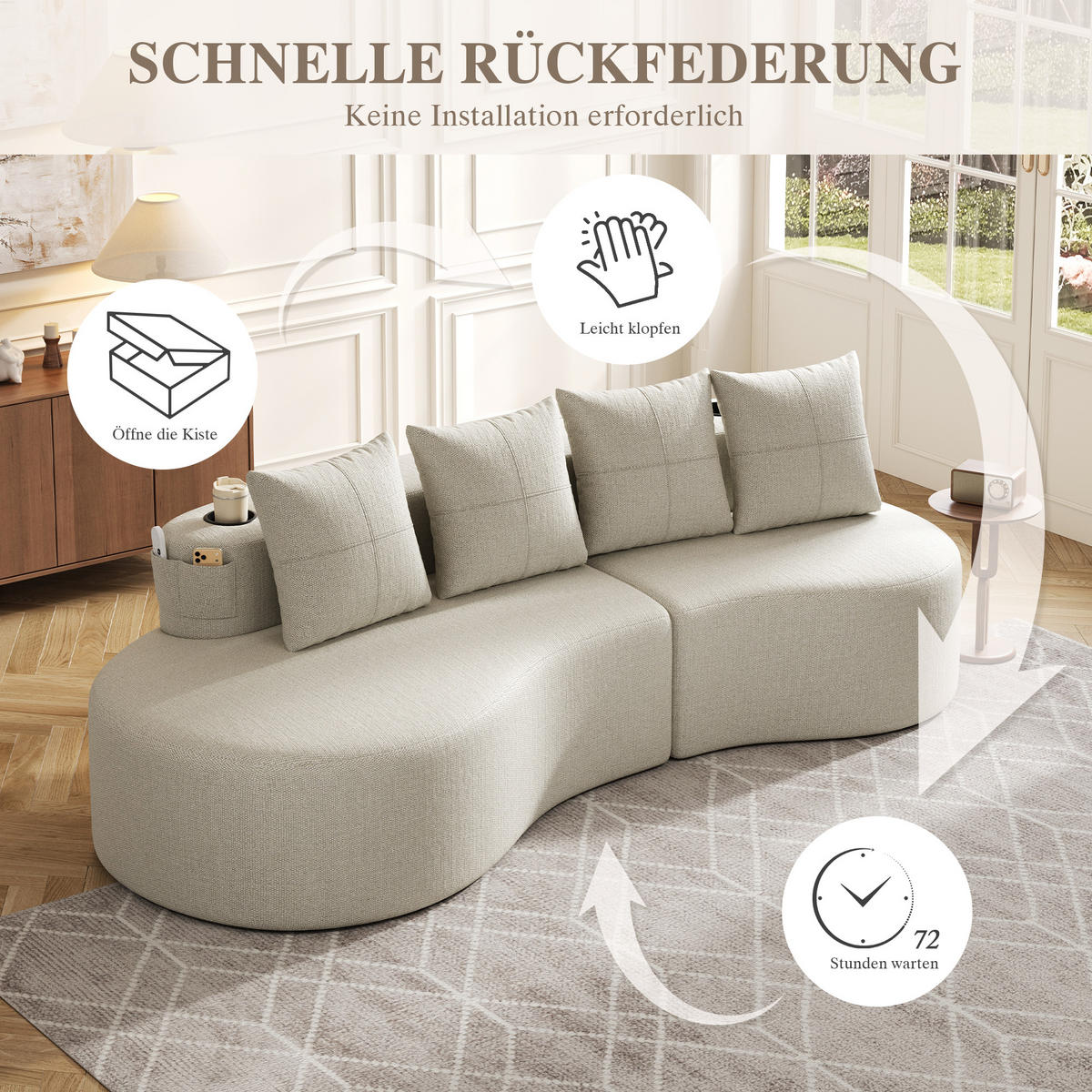 3-SITZER SOFA leinenstoff farbwahl mit getränkehalter & seitentaschen - Beige, Textil (240/63/109cm) - Urban Meuble