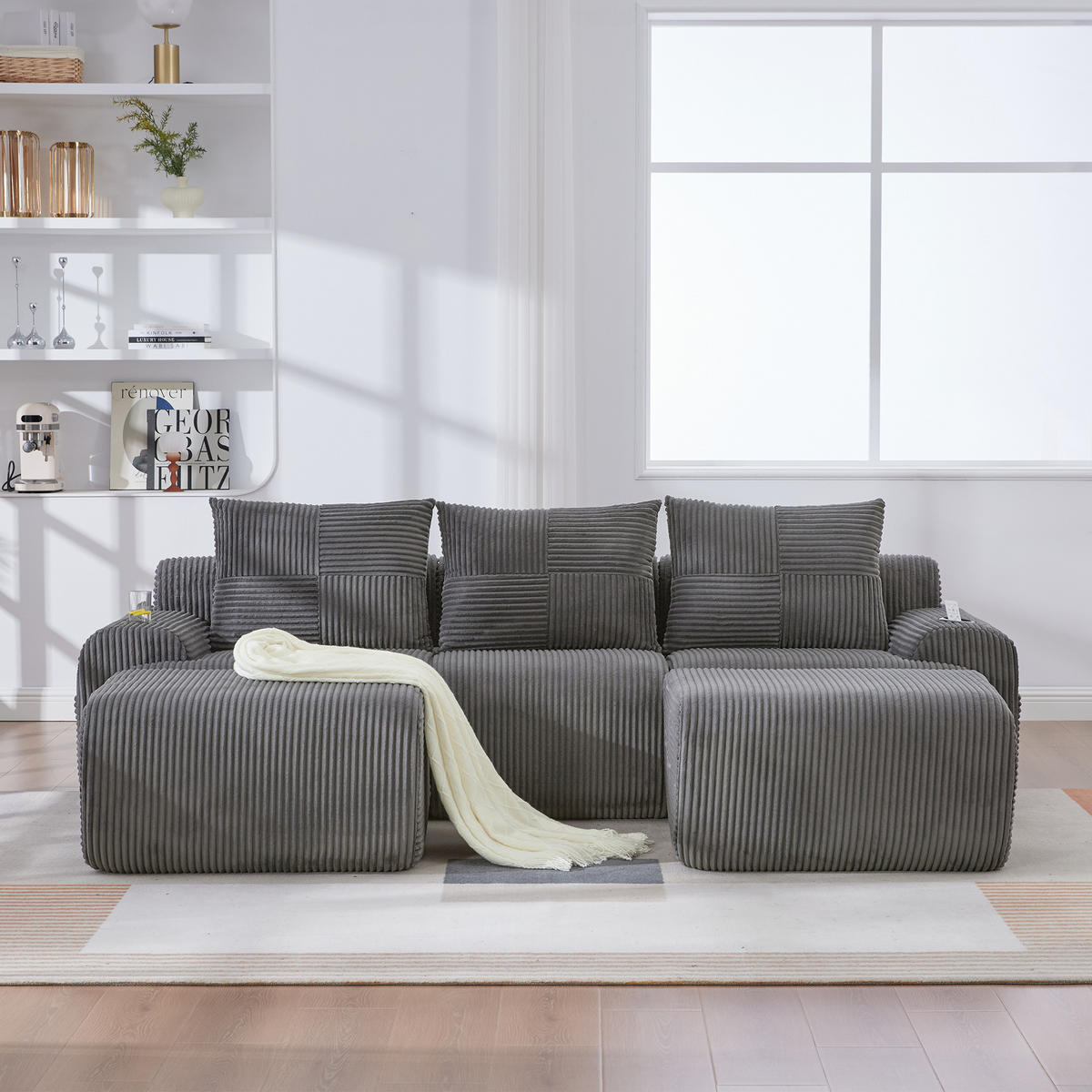 3-SITZER Wohnlandschaft Cord mit Getränkehalter und Seitentasche 268/174/80 cm Dunkelgrau - Dunkelgrau, Textil (174/80/268cm) - Redom