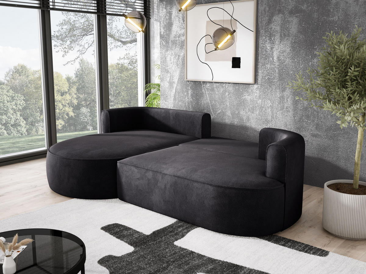 ECKSOFA FIORE-L Moderne Ausziehbare Schlaf-Funktion, automatischer Auffaltung, lose Rückenkissen freistehend LINKS 284x183x82 cm cm Black - Schwarz, Holz/Textil (183/284cm) - DomoHome