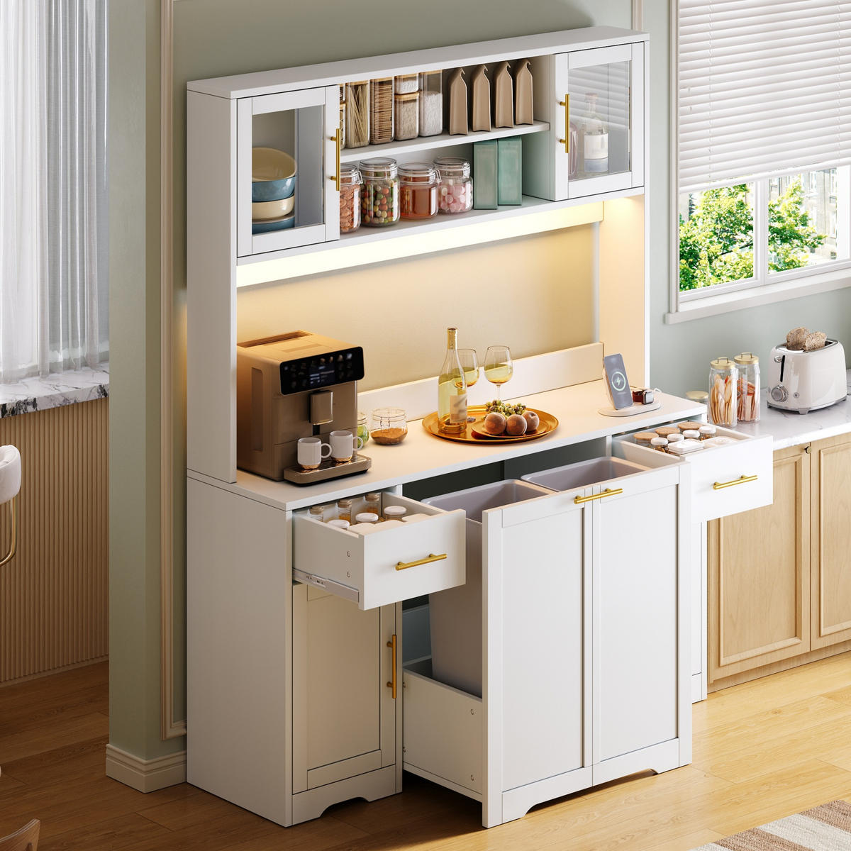 KÜCHENBUFFET 140x40x173 cm, 2 Schubladen, ausziehbarer Müllschrank, LED-Beleuchtung, 2 USB-Anschlüsse, Glastüren, verstellbare Einlegeböden, Weiß - Weiß, Holzwerkstoff (140/173/40cm) - FOHERE