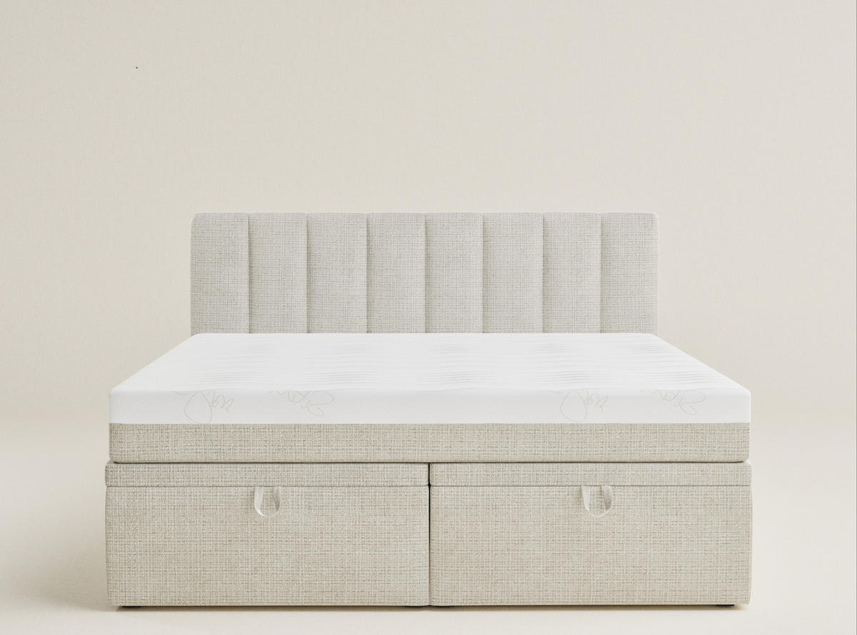 BOXBETT 180/200 cm Lovage S, in Beige, Matratze, gepolstertes Kopfteil, Bettkasten, H3 = fest - Beige/Schwarz, Holz/Holzwerkstoff (180/200cm) - Maison de Reve