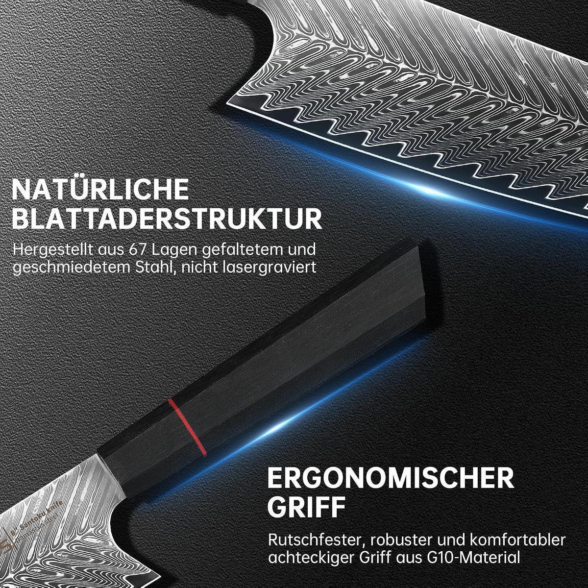 KOCHMESSER 20 cm Damaststahl VG10 Stahlkern G10 Griff Geschenkbox - Schwarz, Metall (33.7cm)