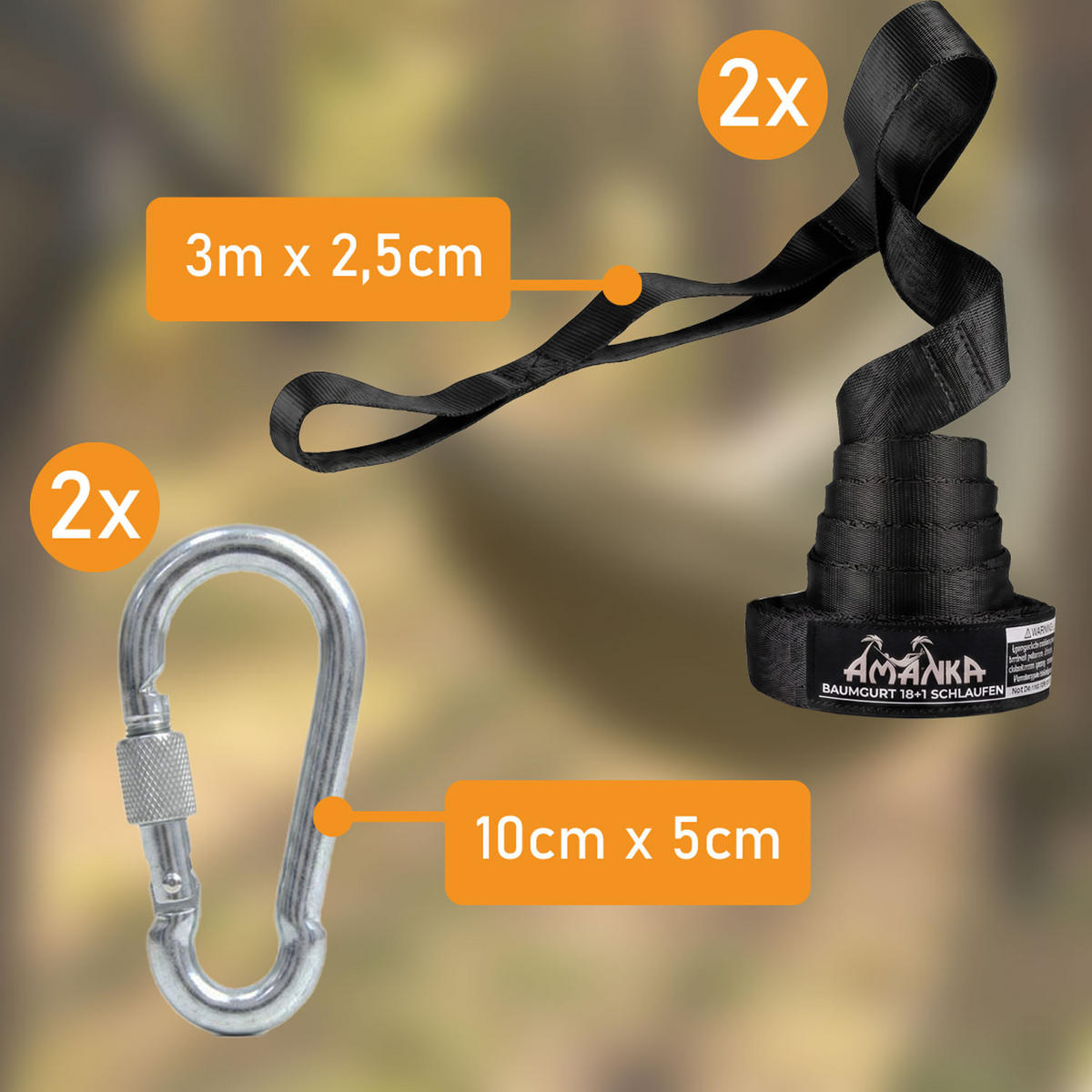 HÄNGEMATTENBEFESTIGUNG Ronny mit Karabiner und 2 Riemen - Braun, Kunststoff (280cm) - Amanka