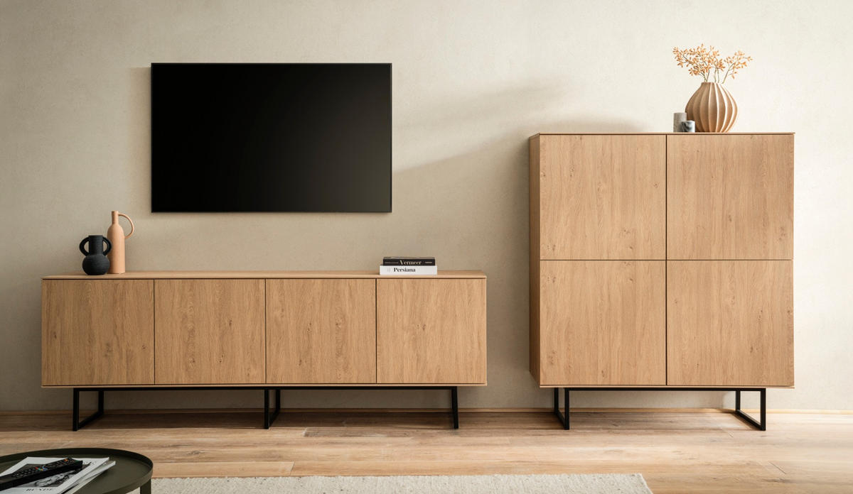 WOHNWAND in Eiche Dekor, Wohnzimmer Set mit TV Lowboard 200 cm und Highboard 4-türig, Push-To-Open - Eichefarben/Schwarz, Holzwerkstoff/Metall (330/137/40cm) - Furn.Design