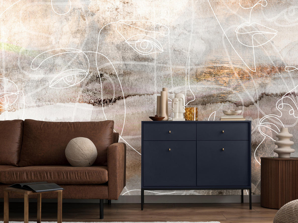 FOTOTAPETE für Wohnzimmer Gesichter Abstraktion Line-Art Modern 200x140 - Beige/Braun, Papier (200/140cm) - Muralo