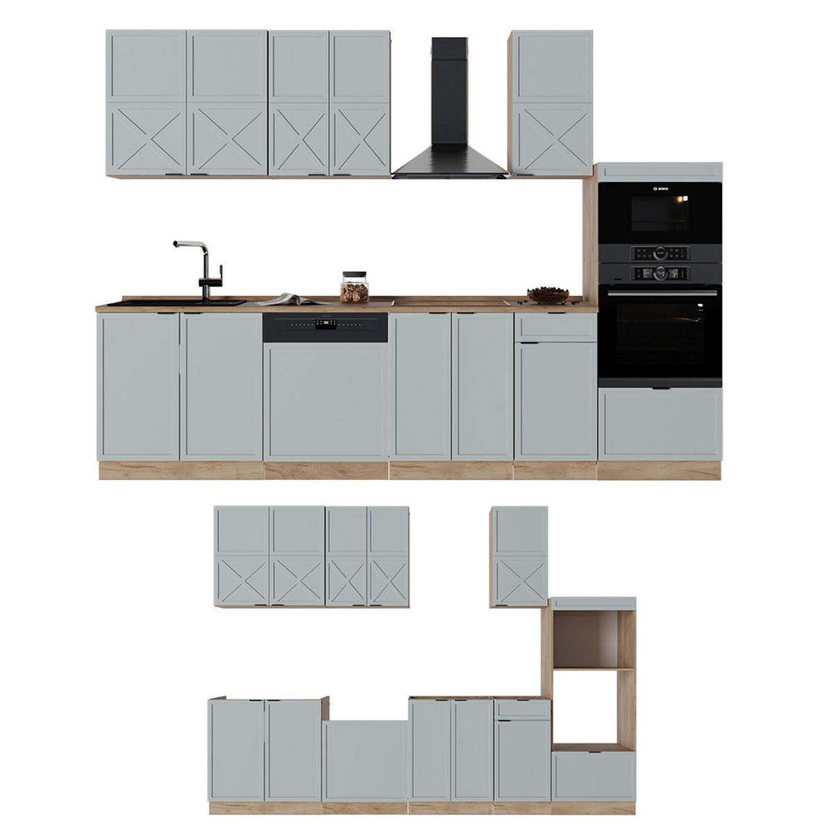 KÜCHENZEILE Fame-Line Hellblau-grau/Goldkraft Eiche 300 cm AP Marmor - Honigeiche/Blaugrau, Holzwerkstoff (300/81.6/60cm) - Vicco