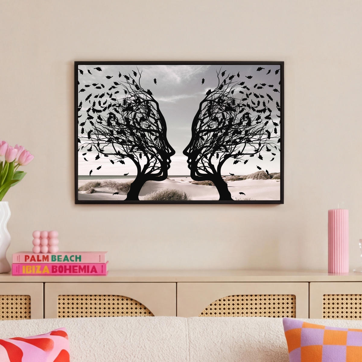 LEINWAND Bilder mit Rahmen - Strand - Meer - Menschen - Baum - Moderne Kunst - 60x40 - Hellgrau, Textil (60/40cm) - MuchoWow