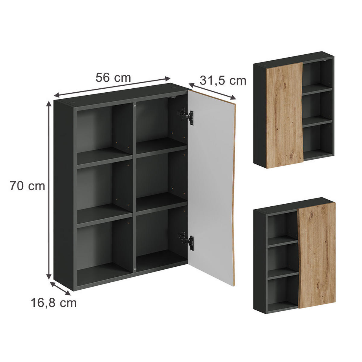 HÄNGESCHRANK Willow Artisan 56 x 70 cm mit 3 offenen Fächern - Anthrazit/Hellgrau, Holzwerkstoff (56/70/16.8cm) - Vicco