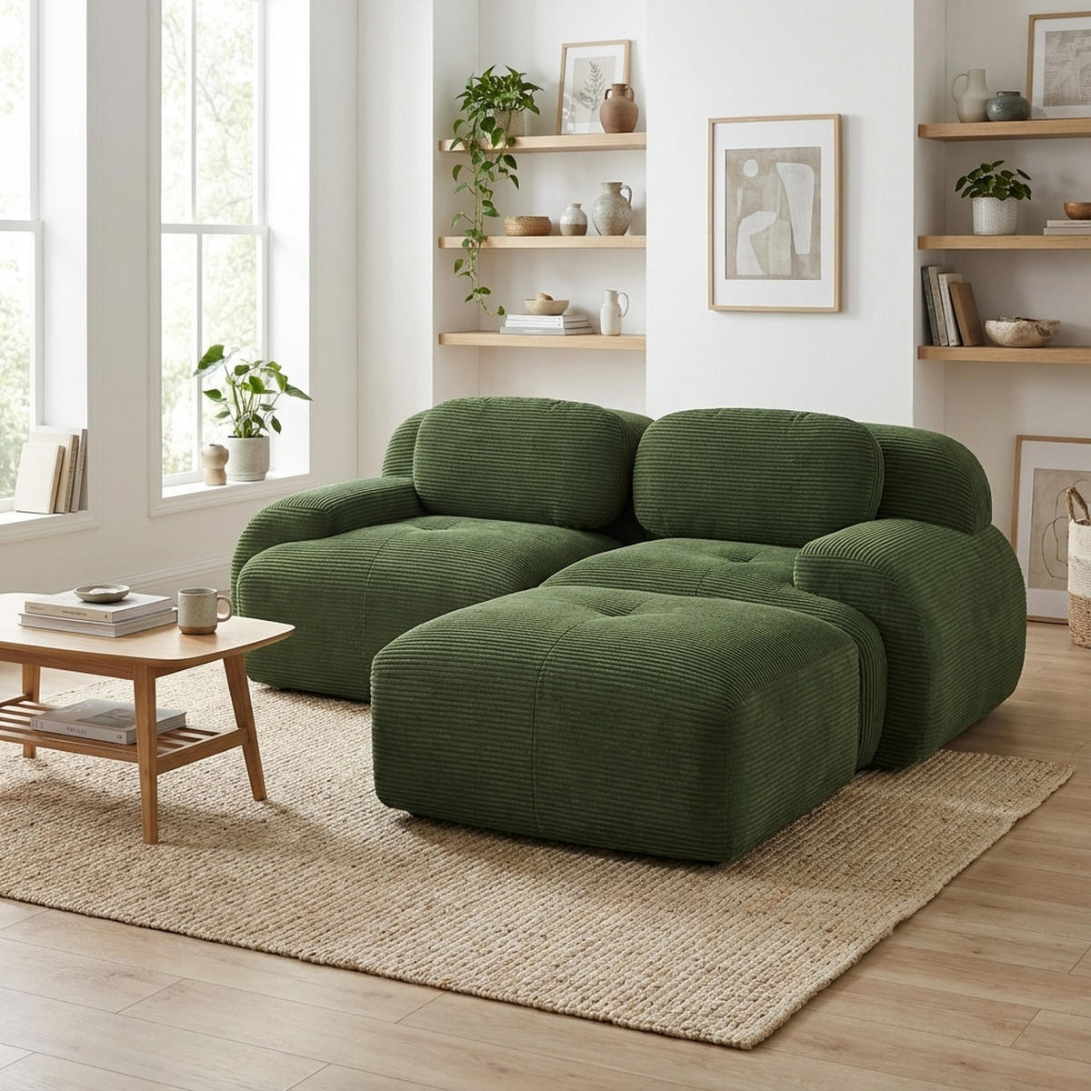 ECKSOFA 3-Sitzer in Premium-Cord Grün Montagefrei & Rutschfest - Grün, Textil (208/178cm) - Urban Meuble