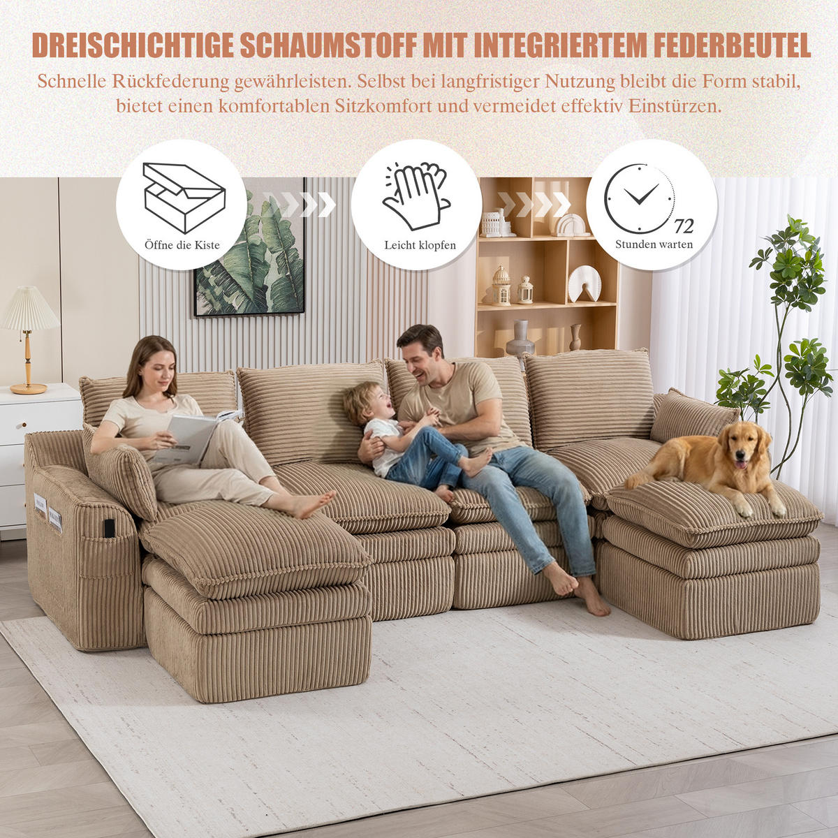 WOHNLANDSCHAFT Cord Khaki mit Kissen, Hocker und Seitentaschen - Hellbraun, Textil (335/85/167cm) - WISHDOR