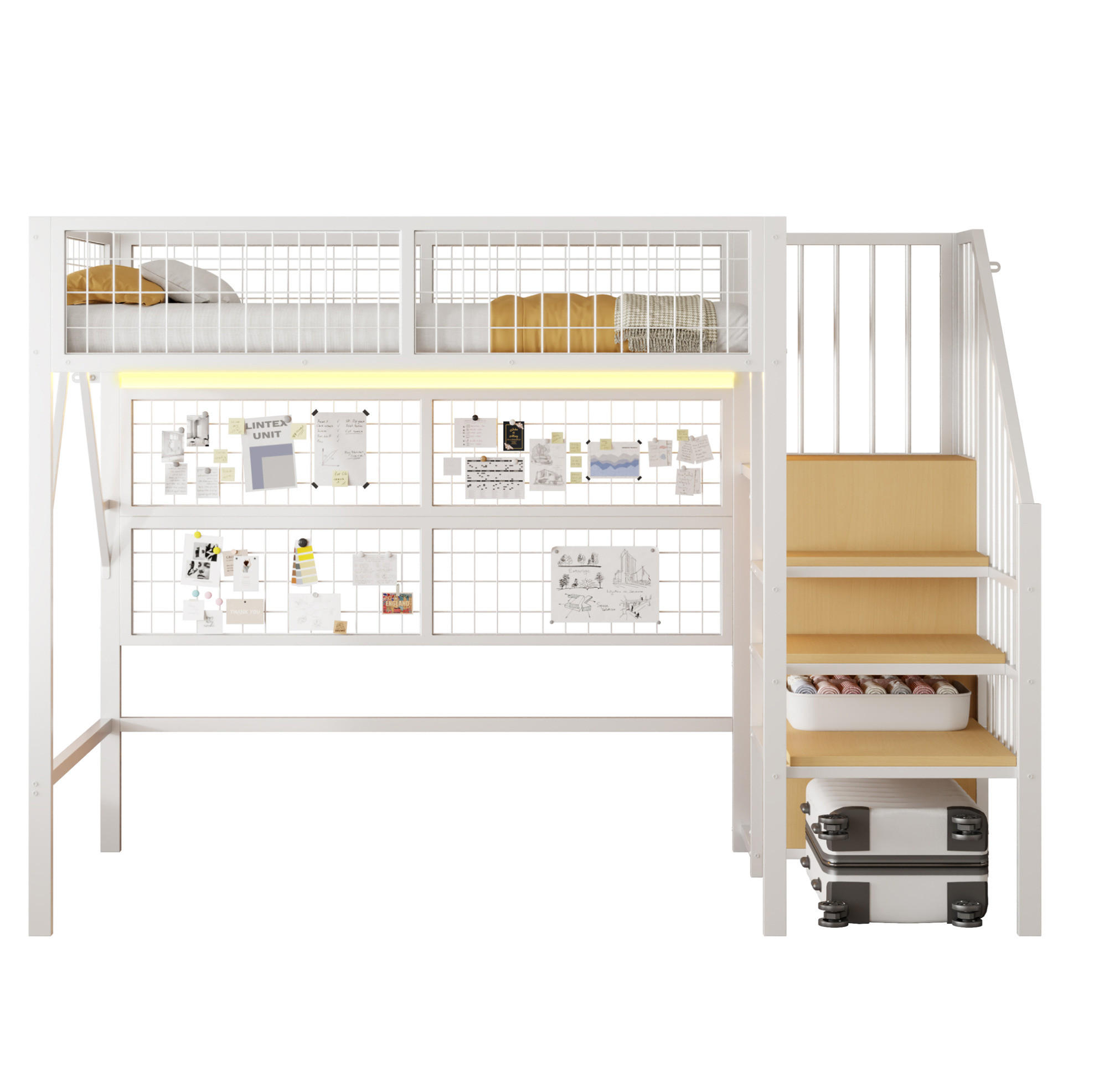 HOCHBETT 90/200 cm Weiß aus Metall und MDF mit Stauraumtreppe - Weiß, Metall (90/200cm) - OKMYHOME