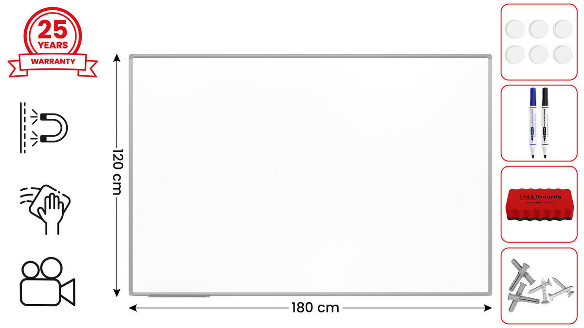 KERAMIKTAFEL, magnetisch, emaliert P3 180x120cm mit Premium EXPO Aluminiumrahmen - Weiß, Metall (180/120/1.6cm) - ALLboards