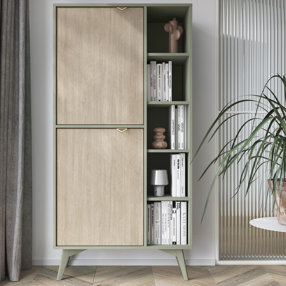 HIGHBOARD Silva 80 cm in Eukalyptus + Scandi-Fischgrätmuster mit Türen und Regalen - Goldfarben/Grün, Holz/Holzwerkstoff (80/160/38cm) - Ravio