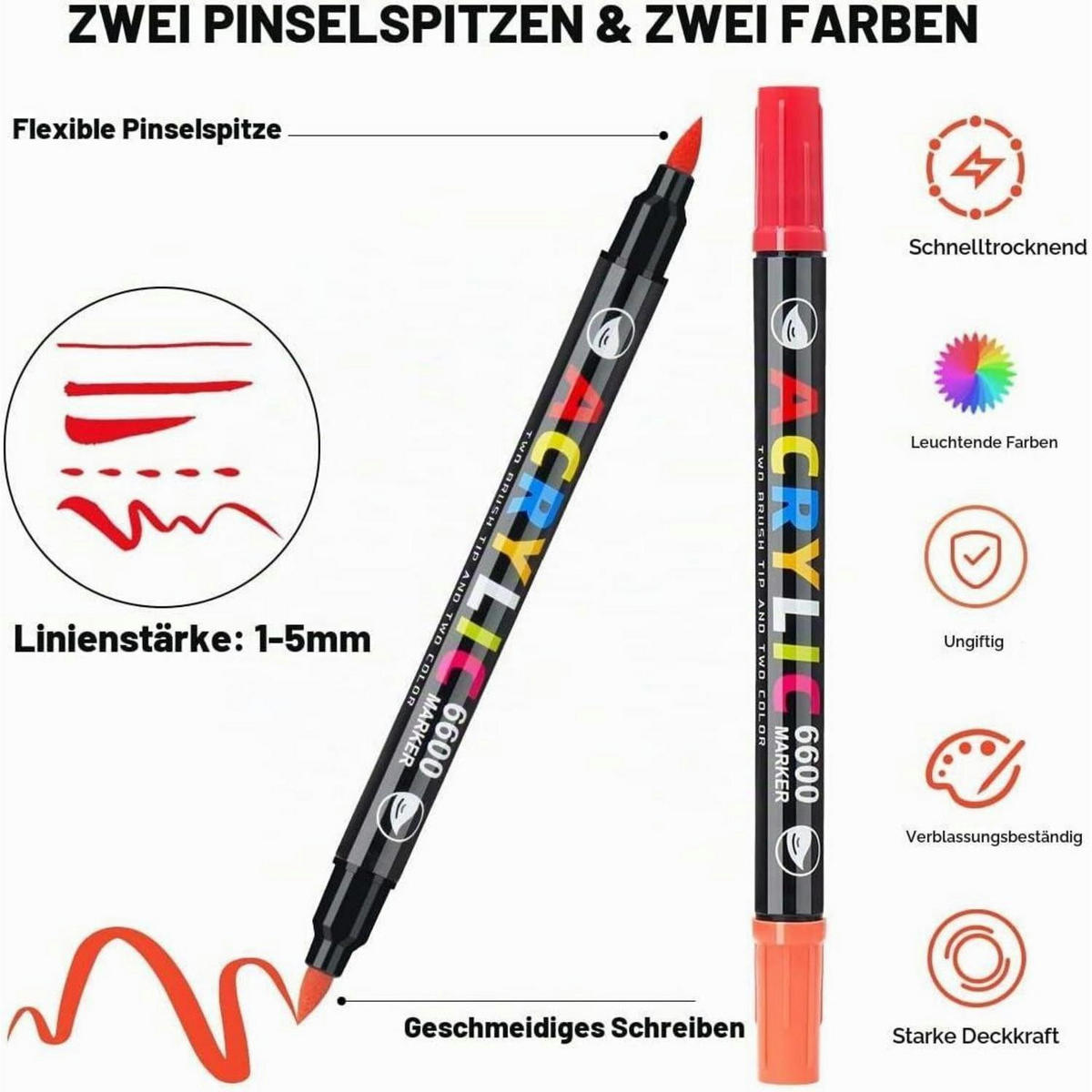 ACRYLSTIFTE 60er Set mit zwei Pinselspitzen - Multicolor, Kunststoff (1/1/15cm)